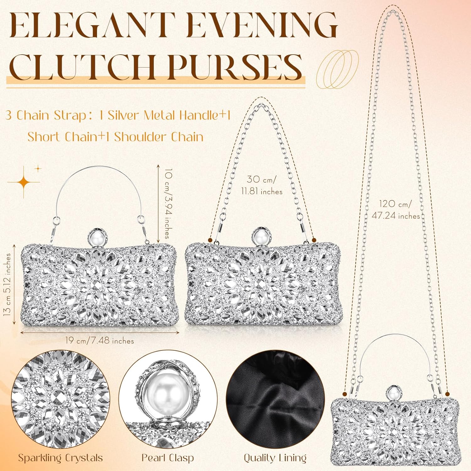 Abbylike 4 Pcs Rhinestone Evening Clutch Bag Set with Bow Dangle Earrings Necklace and Bracelet Glitter Purse for Women Prom