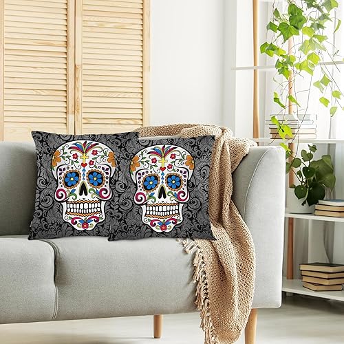 Miniatura 2 de Swono Juego de 2 fundas de almohada cuadradas de 18 x 18 pulgadas, fundas de almohada suaves con diseño de calavera de azúcar mexicana, fundas de