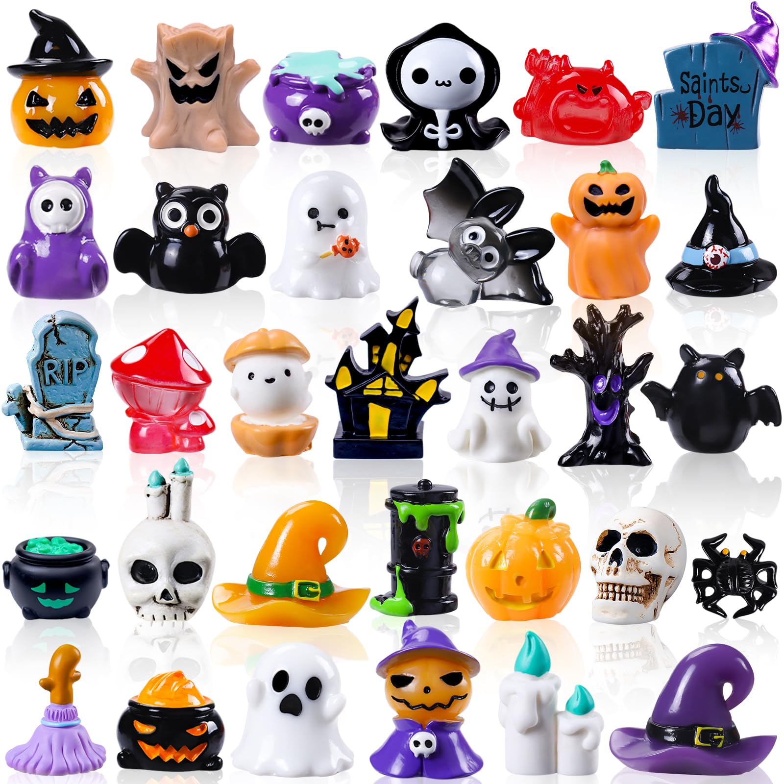 DIYDEC 32pcs Halloween Mini Resin Figures 32 Styles Tiny Resin Animals Little Small Figures to Hide Pumpkin Ghost Skull Miniatures Bulk for Halloween Party Favors Bag Fillers Garden Dollhouse Decor 32PCS Halloween Figures