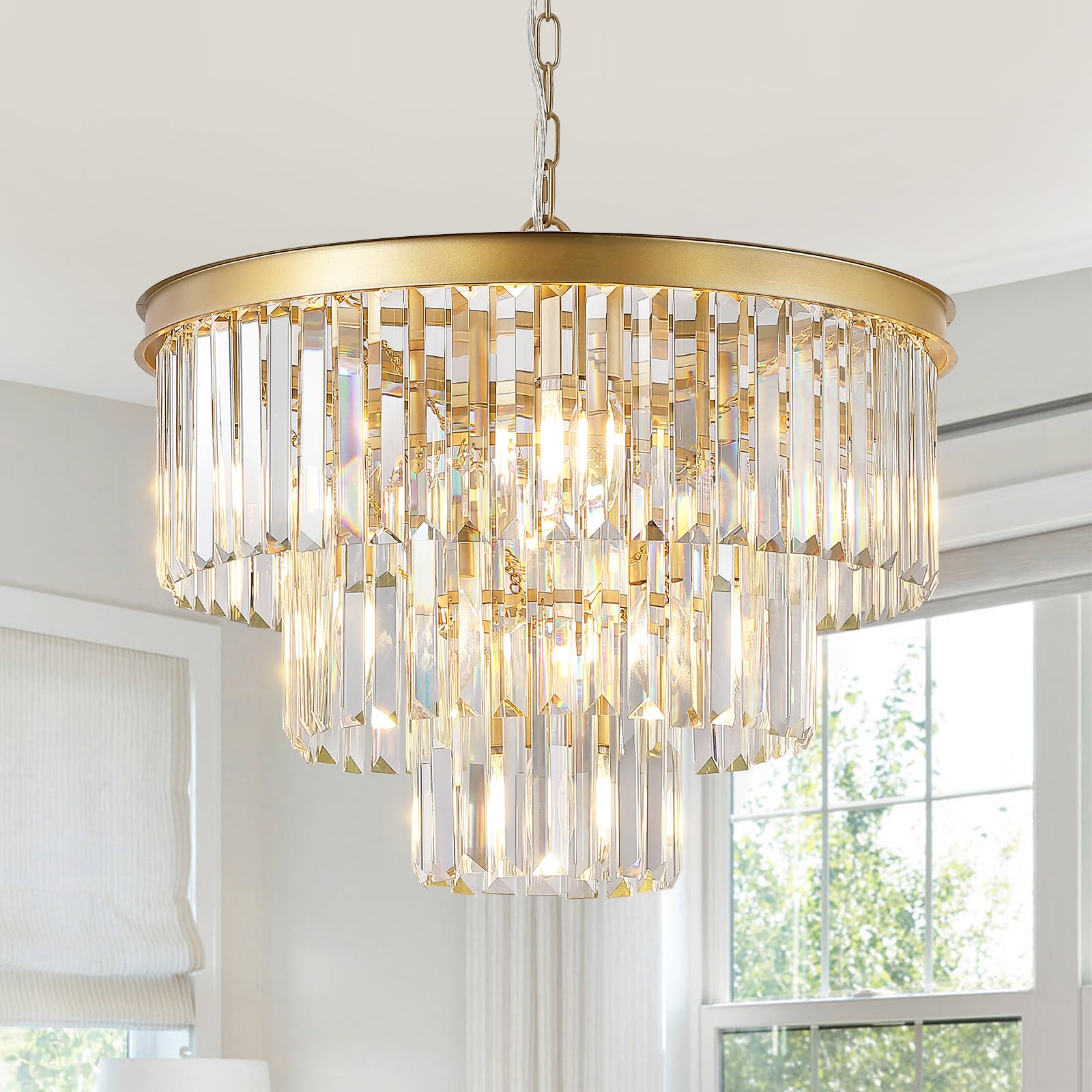 Modern Crystal Chandeliers,Gold 20 Round Chandeliers for Dining Room 3 Tiers 7 Lights Luxury K9 Crystal Ceiling Pendant Light Fixture for Foyer Bedroom Closet