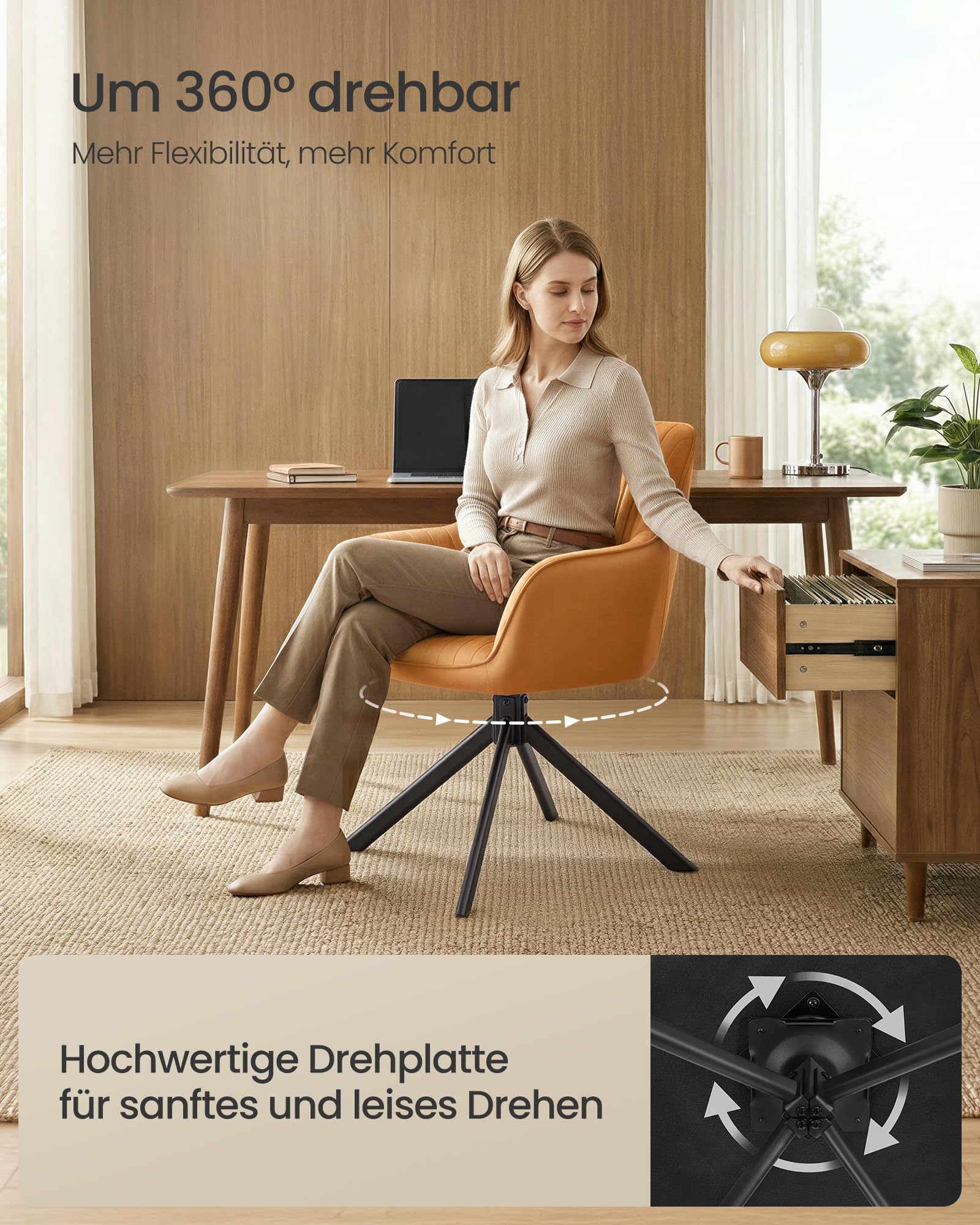 SONGMICS Esszimmerstuhl, bis 120 kg belastbar, Küchenstuhl, Sessel drehbar, Samt, Polsterstuhl mit Armlehnen, Stahlbeine, für Esszimmer, Küche, 2er Set, karamellbraun-tintenschwarz KDC161K01V2-2J
