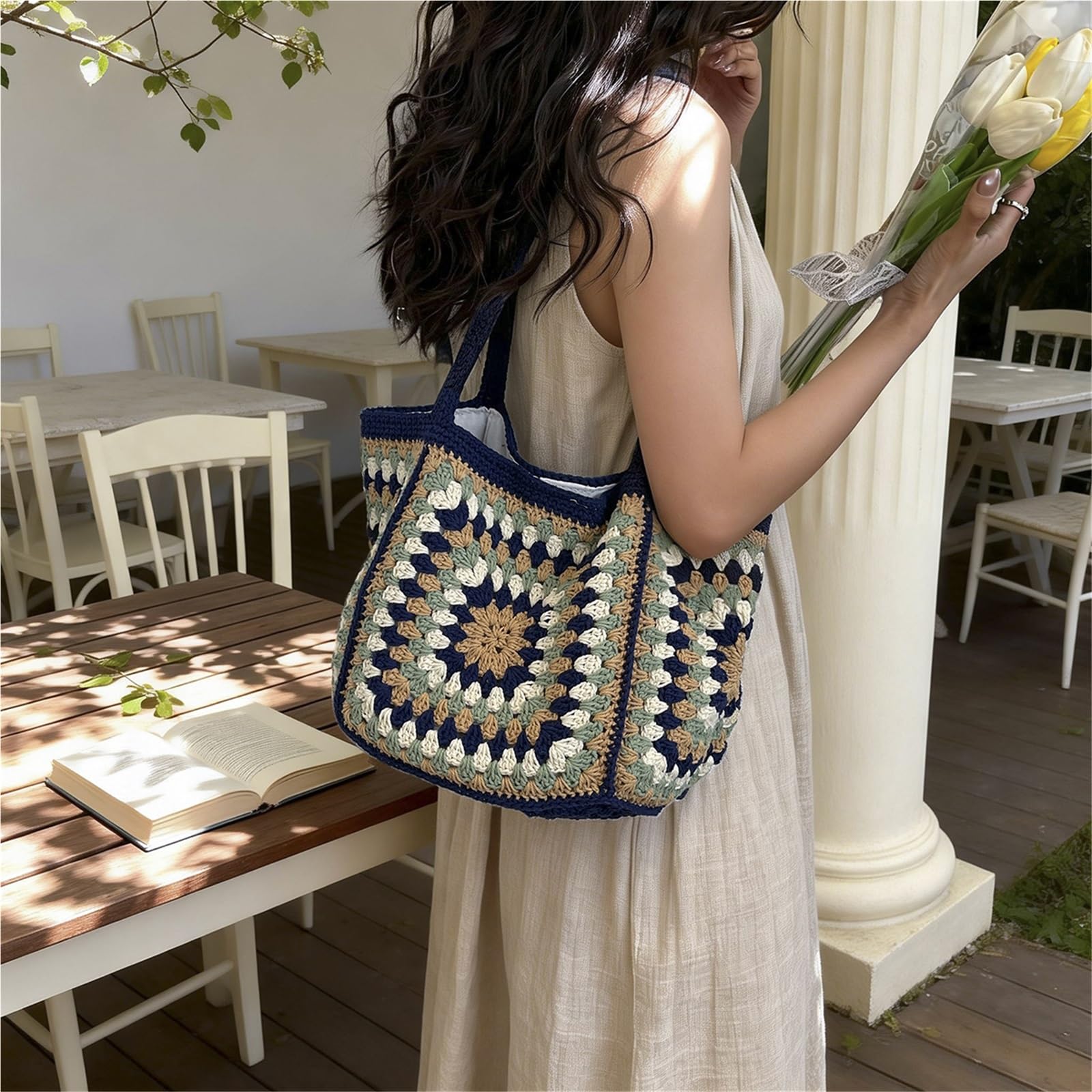 borsa donna estiva Borsa in tessuto lavorato a maglia scavata in stile coreano a tracolla etnica intrecciata for vacanze in tinta unita all'uncinetto