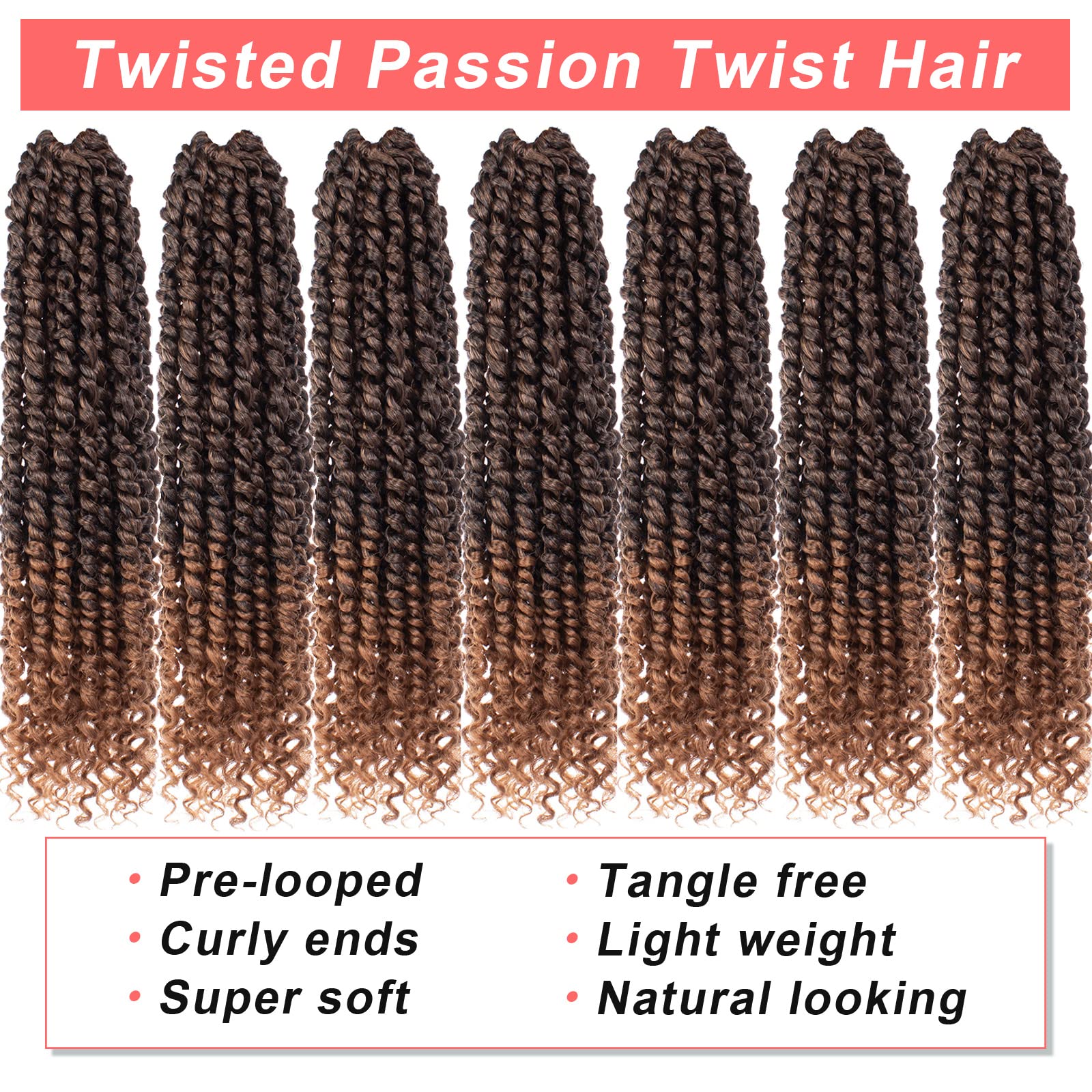 Xtrend 14 pouces ombre Présided Passion Twist Cair 8packs 12 mèches/pack Bohemian pré-boucle synthétique Hair Natural Crochet Passion Twist Hair for Black Femmes (T30#)