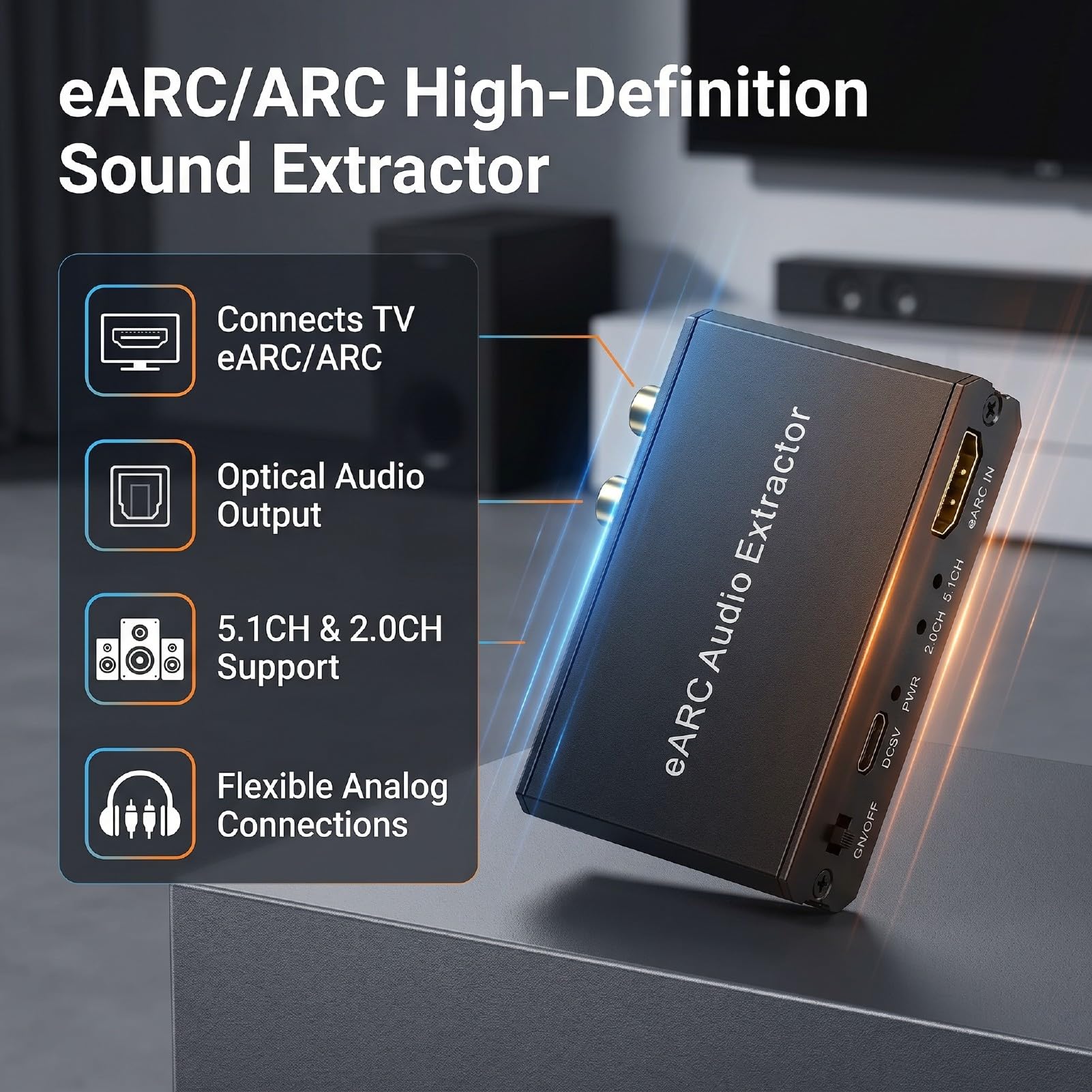Tosuny Extractor de Canal de Retorno de Audio de 192 KHz, Adaptador de Audio HDMI a óptico y de 3,5 Mm, Convertidor Digital a Analógico con Alimentación USB para TV, Barra de Sonido y