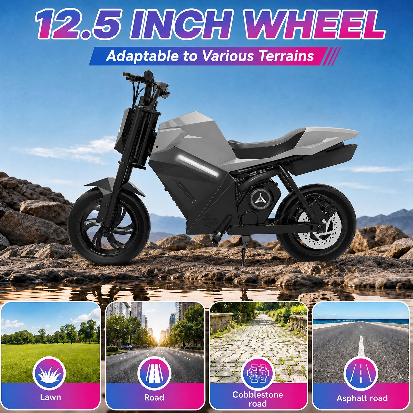 Elektro Motorrad Kinder 250W Motor 21.6V 4AH (Silber) | 8/16 km/h 10 Meilen Reichweite 12.5" Luftreifen Moto Cross für Kinder ab 110 cm Körpergröße