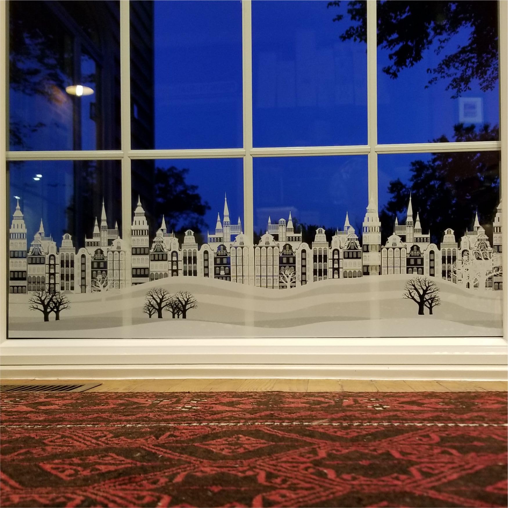 Décoration de fenêtre de Noël – Paysage urbain – Décorations de fenêtre de Noël – Autocollants réutilisables non adhésifs pour fenêtre et porte