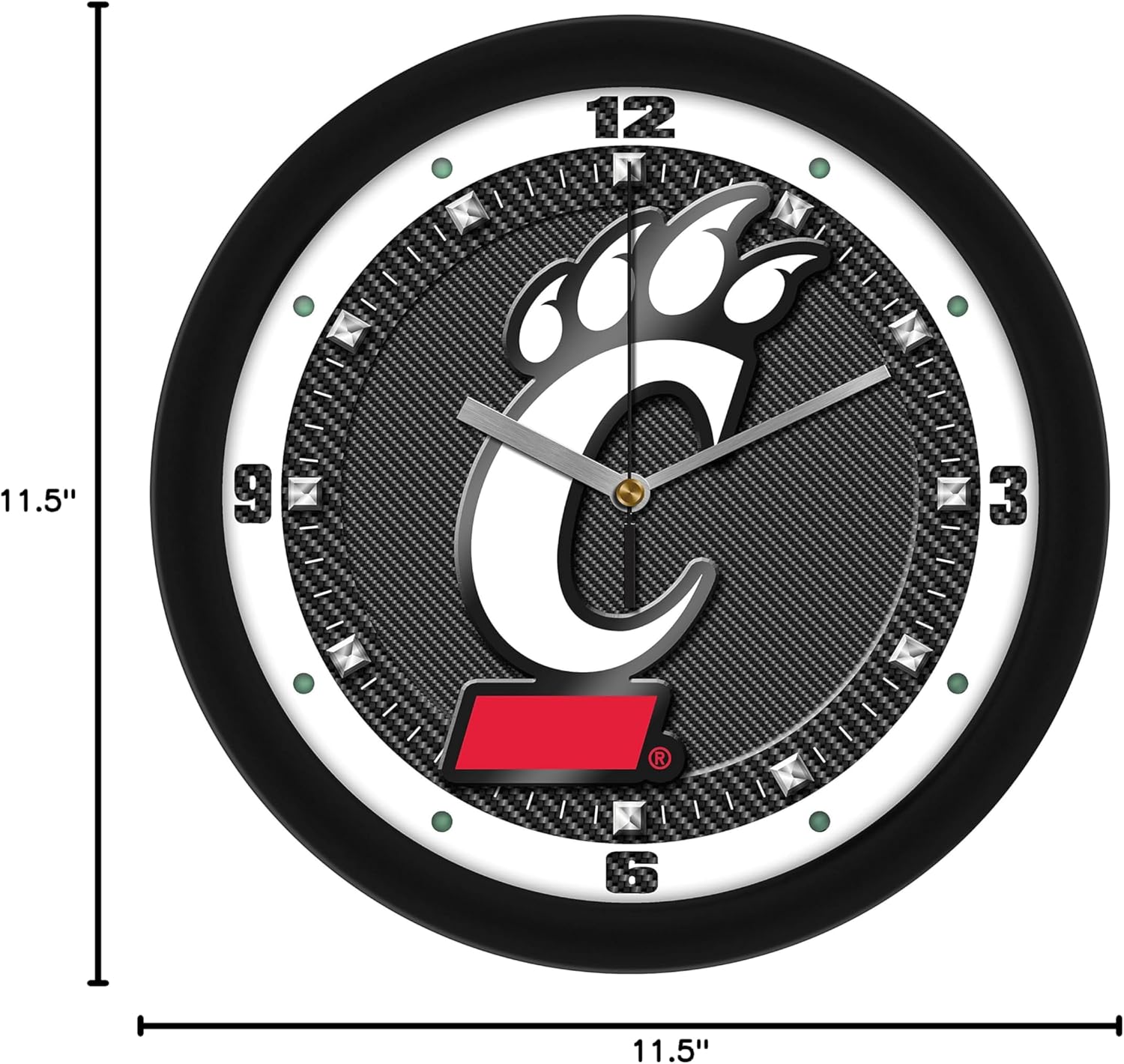 SunTime Cincinnati Bearcats Wall Clock, Printed Carbon Fiber Team Art, Silent Non-Ticking Quartz Movement, 11.5"