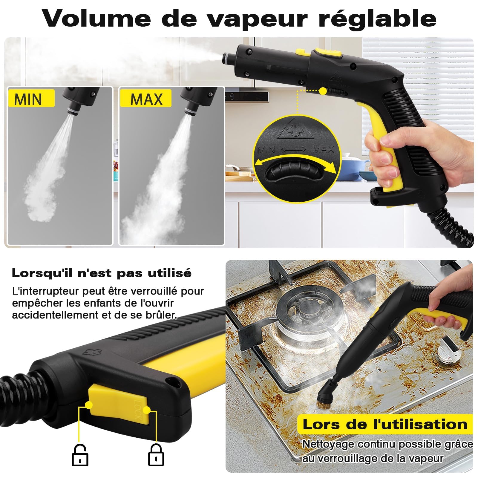 TVD Nettoyeur vapeur pour meubles rembourrés, nettoyeur vapeur avec câble d'alimentation extra long de 5 m pour nettoyeur de sol, four, voiture, carrelage, tapis, coussin, canapé, punaises de lit.