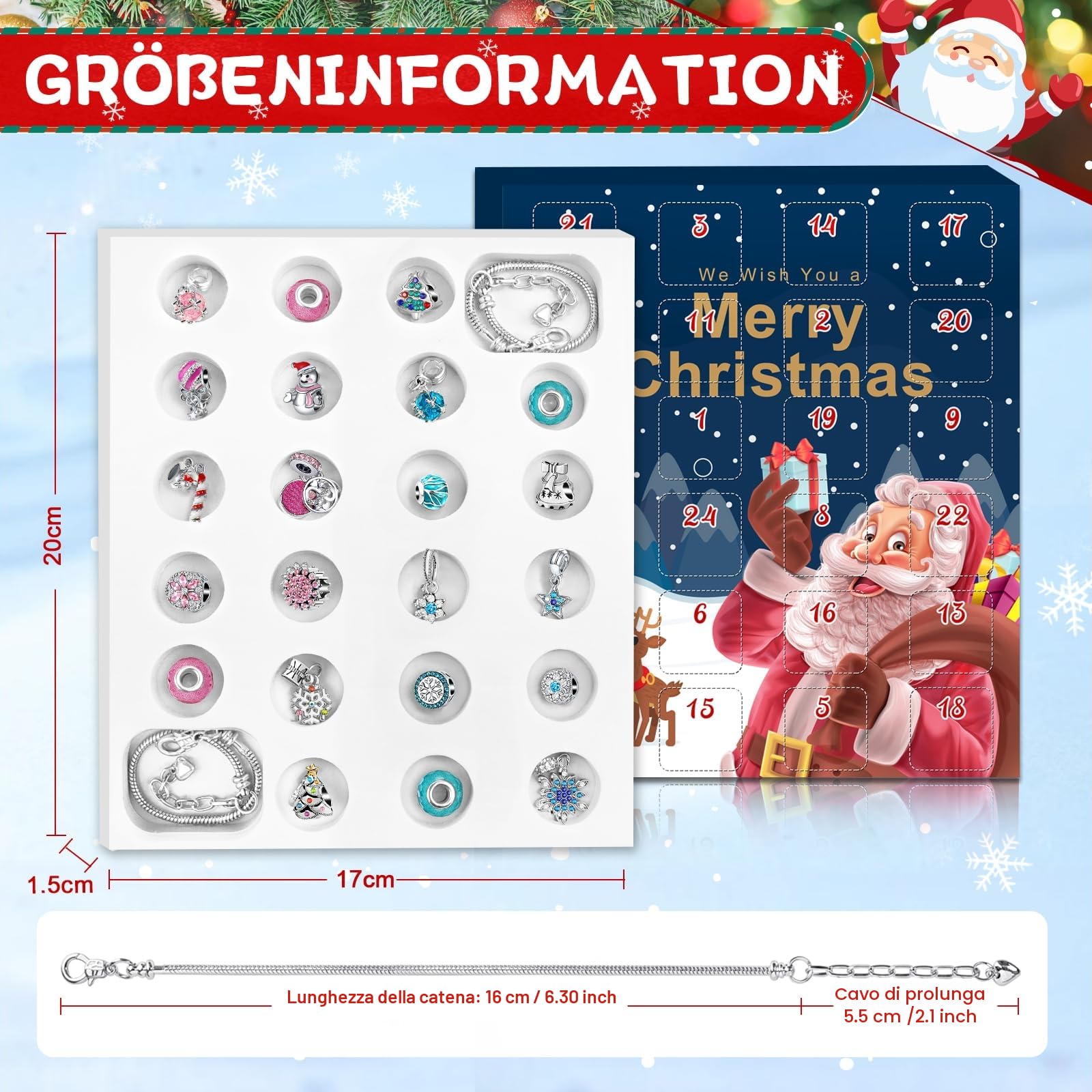 Calendario Dell'Avvento Gioielli 2025 Ragazza Bracciale Kit, Donna Calendario Avvento Regali a Sorpresa, Natalizi Natale Conto Alla Rovescia 24 Charm Accessori diy Ciondoli
