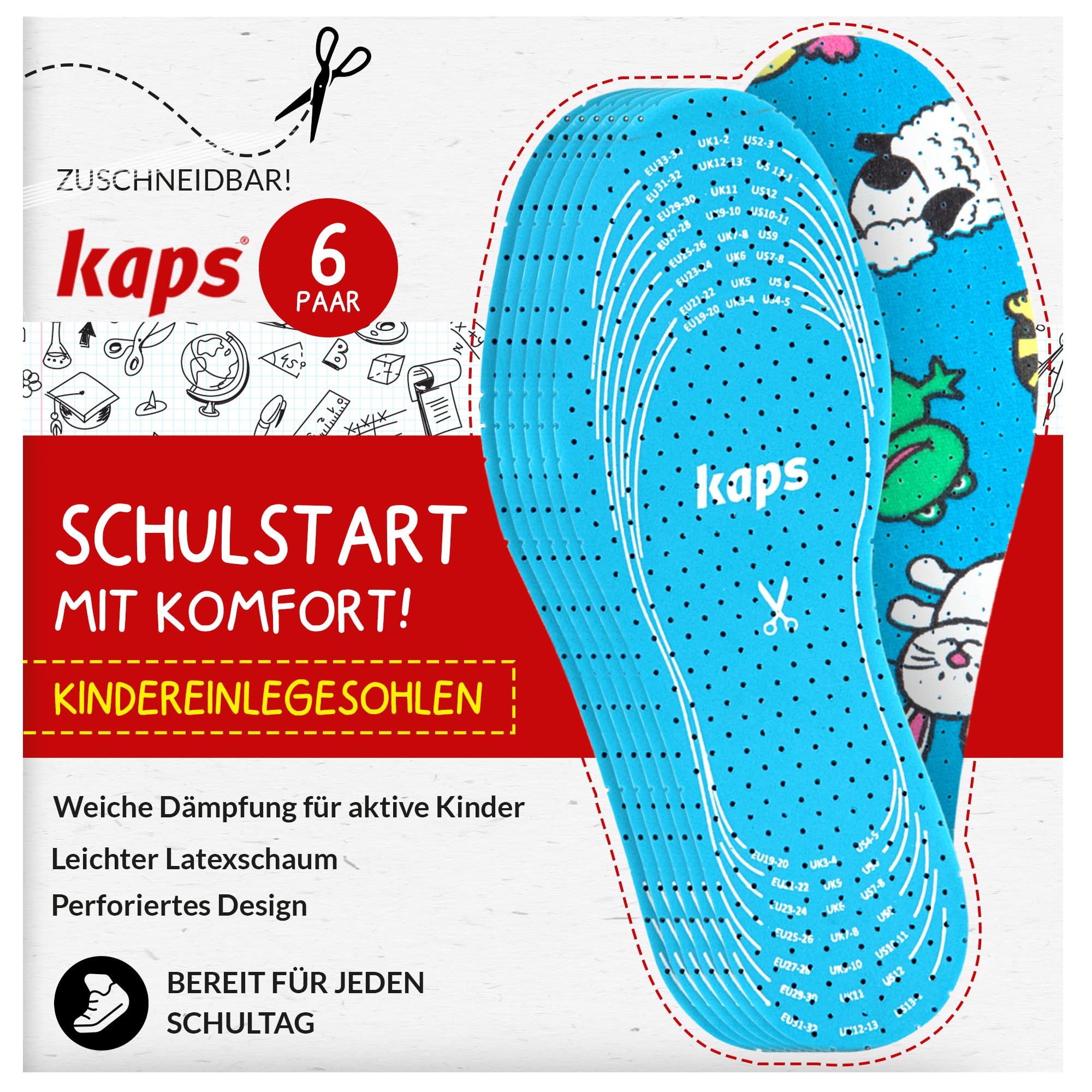 Einlegesohlen Kinder zuschneidbar, 6 Paar Schuheinlagen - Kaps Offspring | Schuhsohlen für Mädchen & Jungen, weich gepolstert, atmungsaktiv, zum Größenausgleich, max. 23 cm