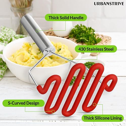 Miniatura 24 de Urbanstrive Herramienta de cocina de silicona antiarañazos, triturador de patatas, triturador de patatas, de acero inoxidable, envuelto en silicona