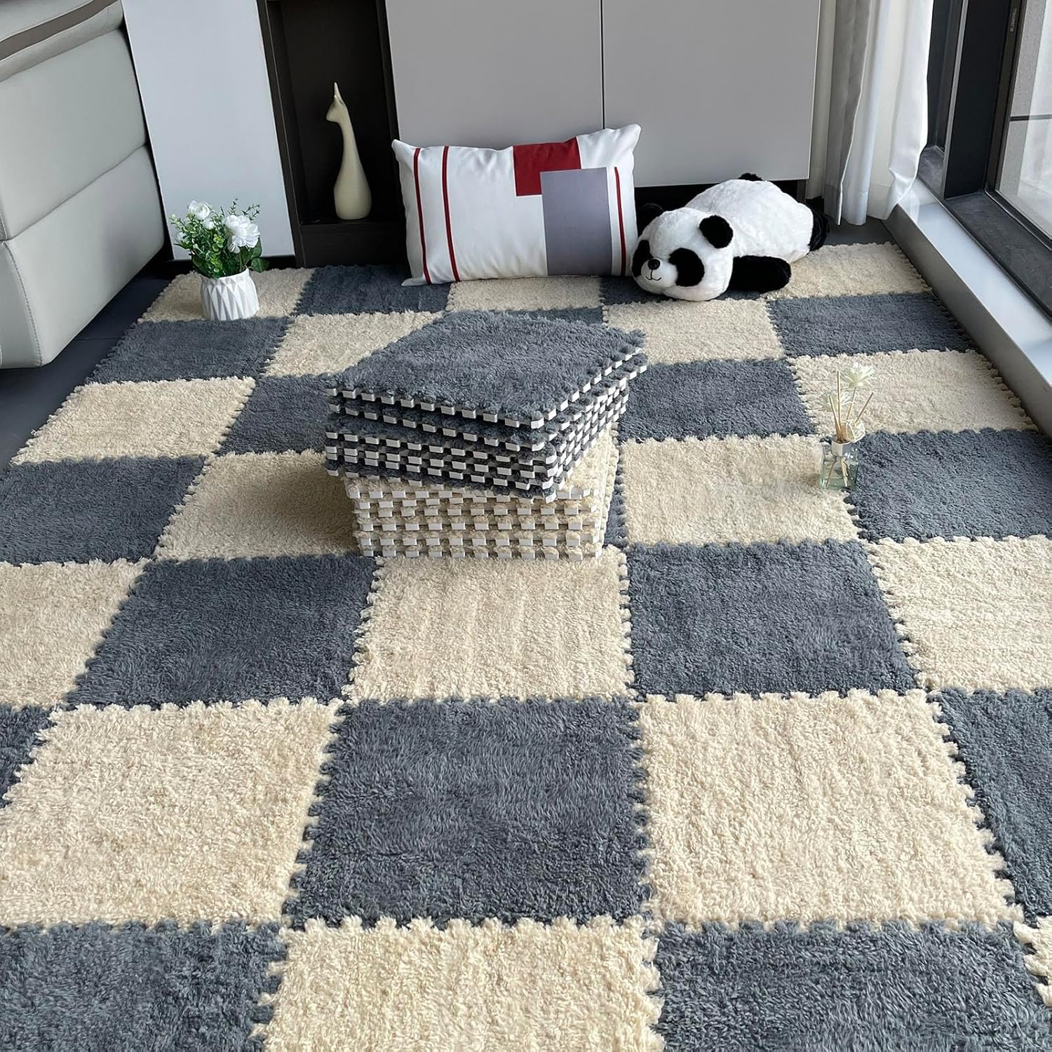 LoiYtrd Plush Foam Puzzle Mat 10pcs 30x30cm Square Interlocking Foam Tiles EVA Soft Foam Floor Mat(Apricot+Gray)
