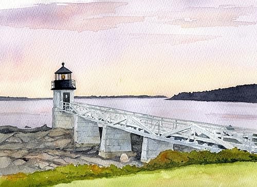 Marshall Point Lighthouse, Port Clyde, Maine. Impresiones artísticas de acuarela mate (5 x 7)