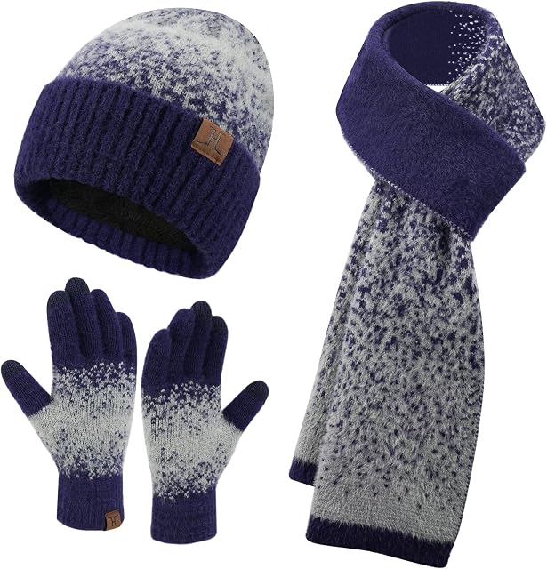 Womens Winter Knit Beanie Hats and Touchscreen Gloves Long Scarf Set with Warm Fleece Lined Skull Caps Gloves Scarves for Women