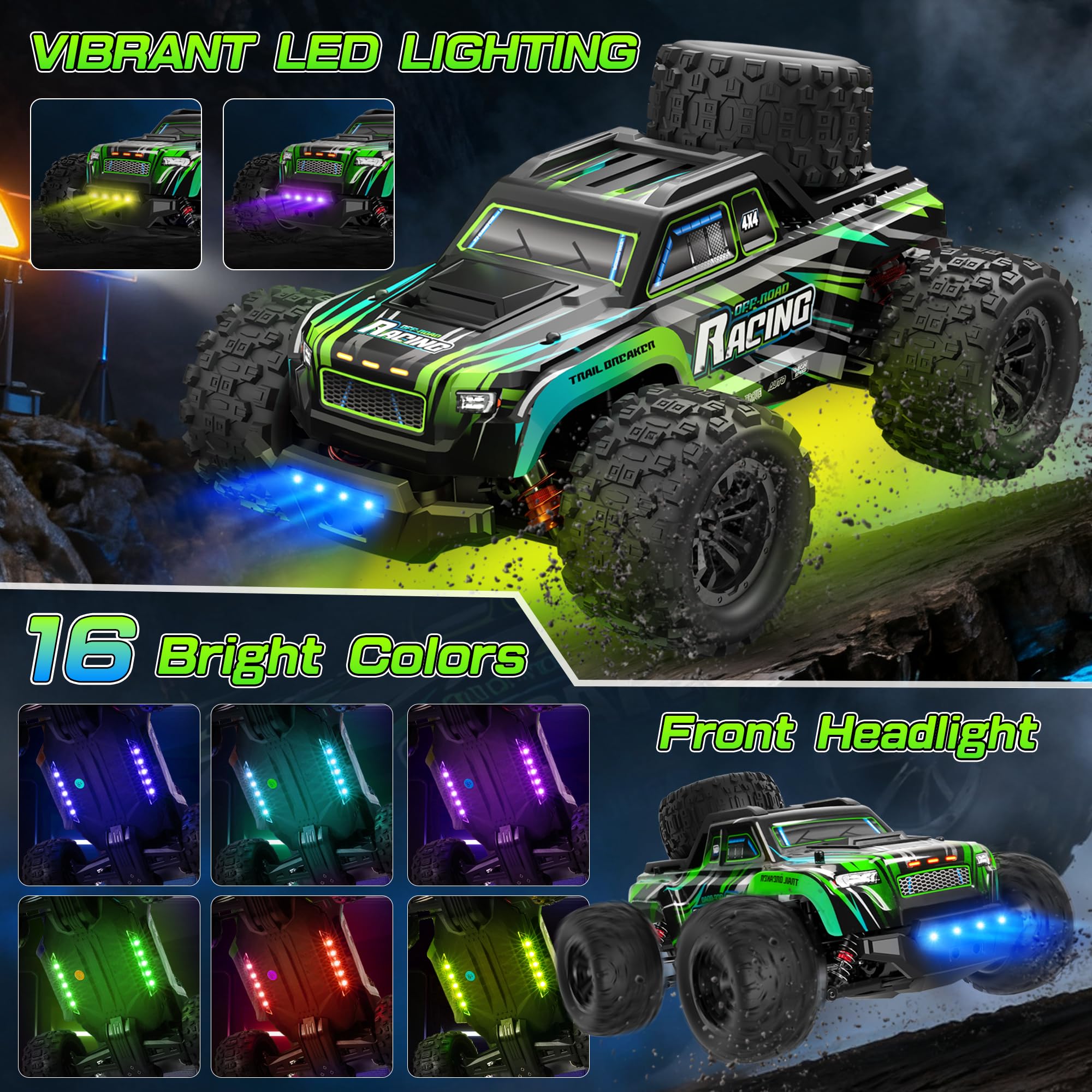 BAZADER Voiture Télécommandée Tout Terrain - 1:16 40Km/H Haute Vitesse | 4x4 RC Voiture Voiture Téléguidée 2,4 Ghz Avec Lumières Rvb Truck Radiocommandéé TéLécommandé Avec 2 Batteries Rechargeables