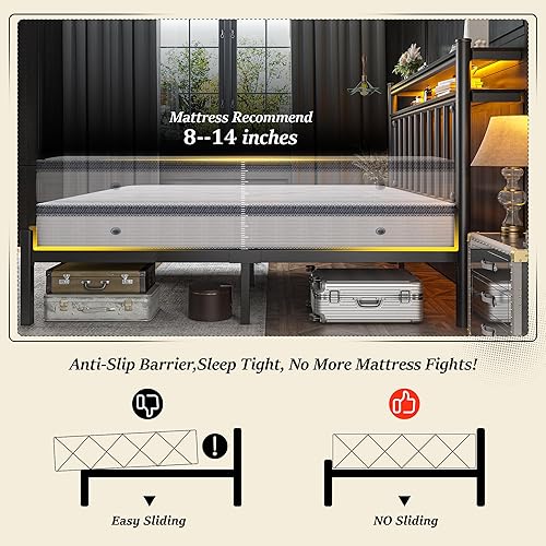 Miniatura 8 de Base de cama de metal Queen con cabecera de almacenamiento de 2 niveles, marco de cama tamaño Queen con luz LED, base de colchón victoriana debajo
