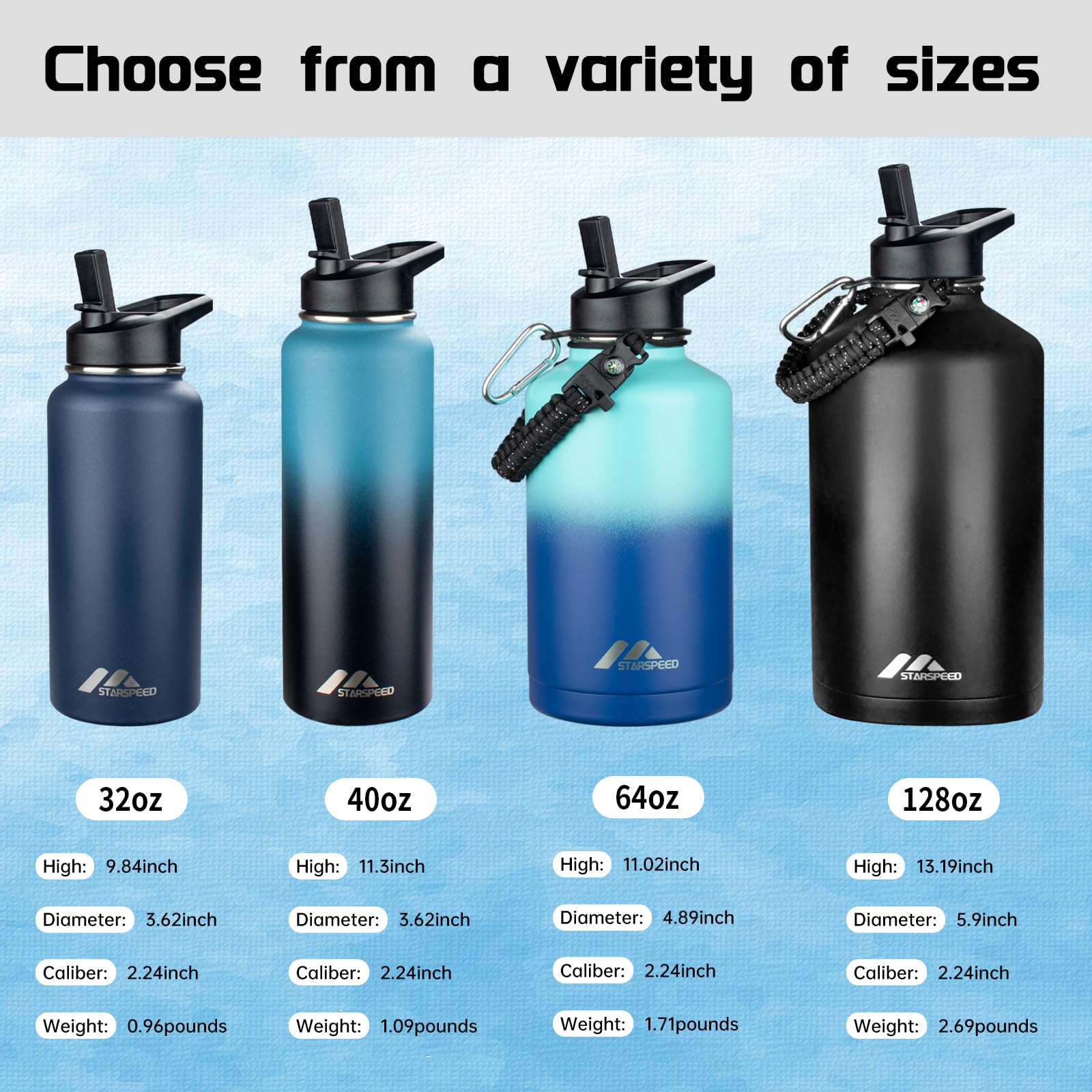 StarSpeed Botella de agua aislada de 32 onzas, termo de agua de acero inoxidable de doble pared, jarra de agua de vacío de 32 onzas, taza térmica deportiva de boca ancha con tapas de boquilla de