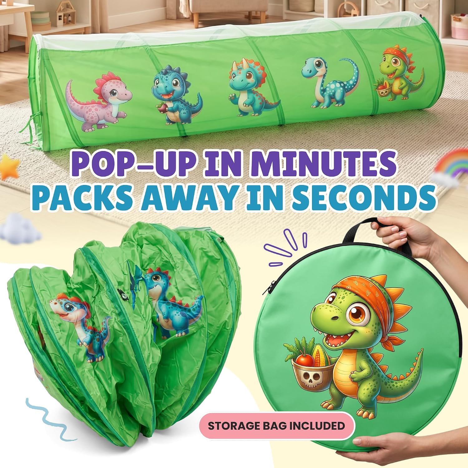 Play Tunnel for Toddlers 1-3 – 69'' X 18'' Polyester Baby Tunnel for Kids, See-Through Breathable Mesh, Ideal for Crawling, Peek-a-Boo and Hide-and-Seek (PLGPurple, 69'' X 18'', Happy Dinosaur)
