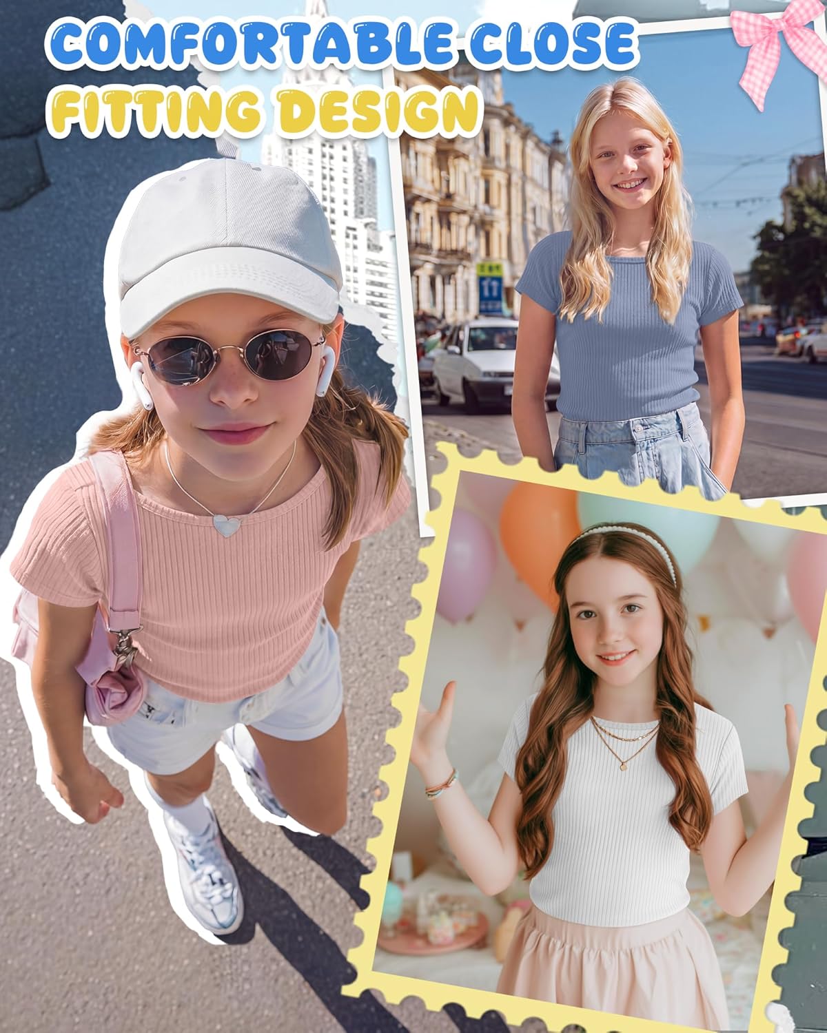 4 Pack Girls' Short Sleeve Ribbed Shirts 5-14 Years Kids Boat Neck Stretch Slim Tees Basic Lightweight Bustier Tops