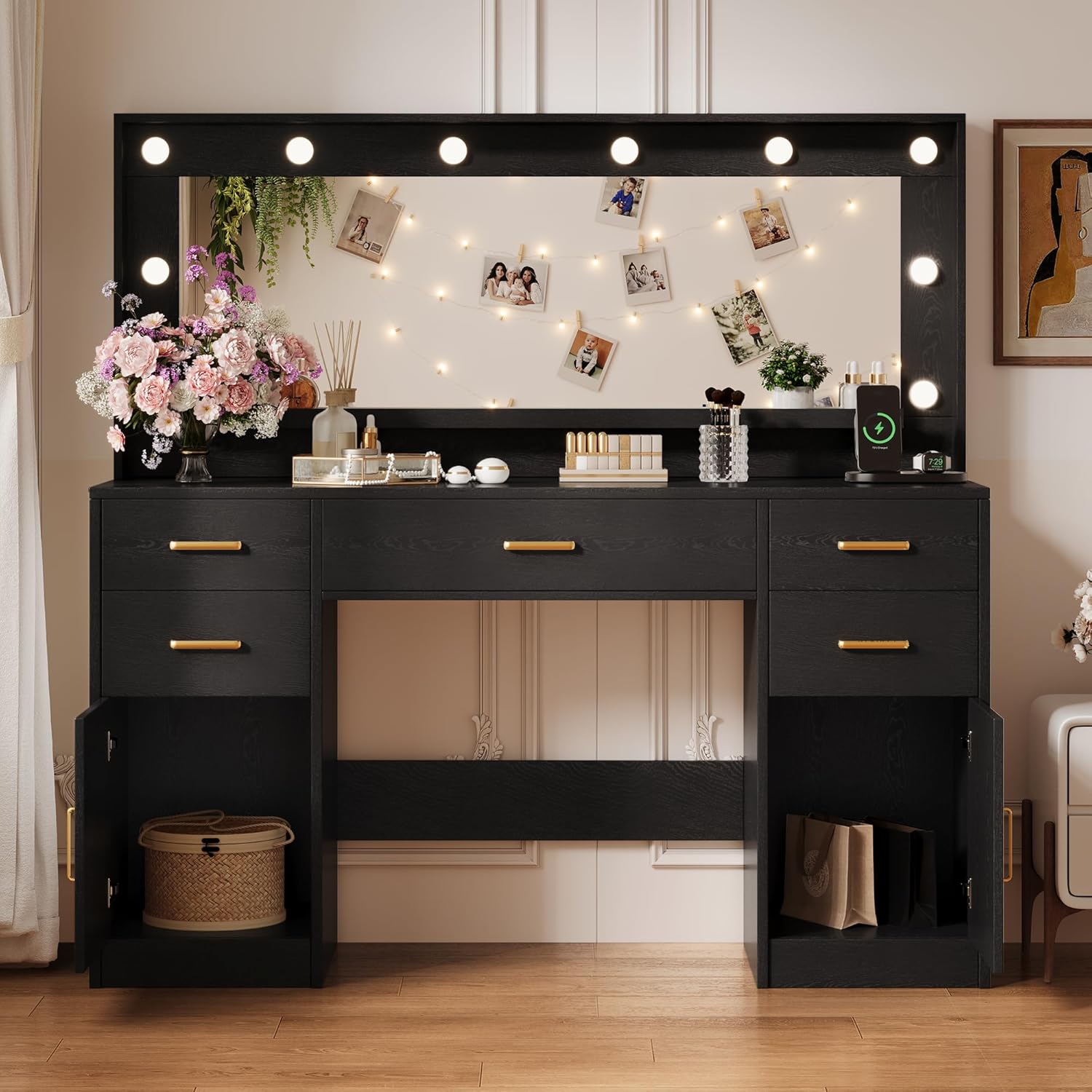 TOKSOM 44.8" Large Vanity Desk with Lighted Mirror & Power Outlet, Black Makeup Vanity Desk with Mirror and Lights, Black Vanity Table with 5 Drawers and 2 Cabinets, Dressing Table for Bedroom
