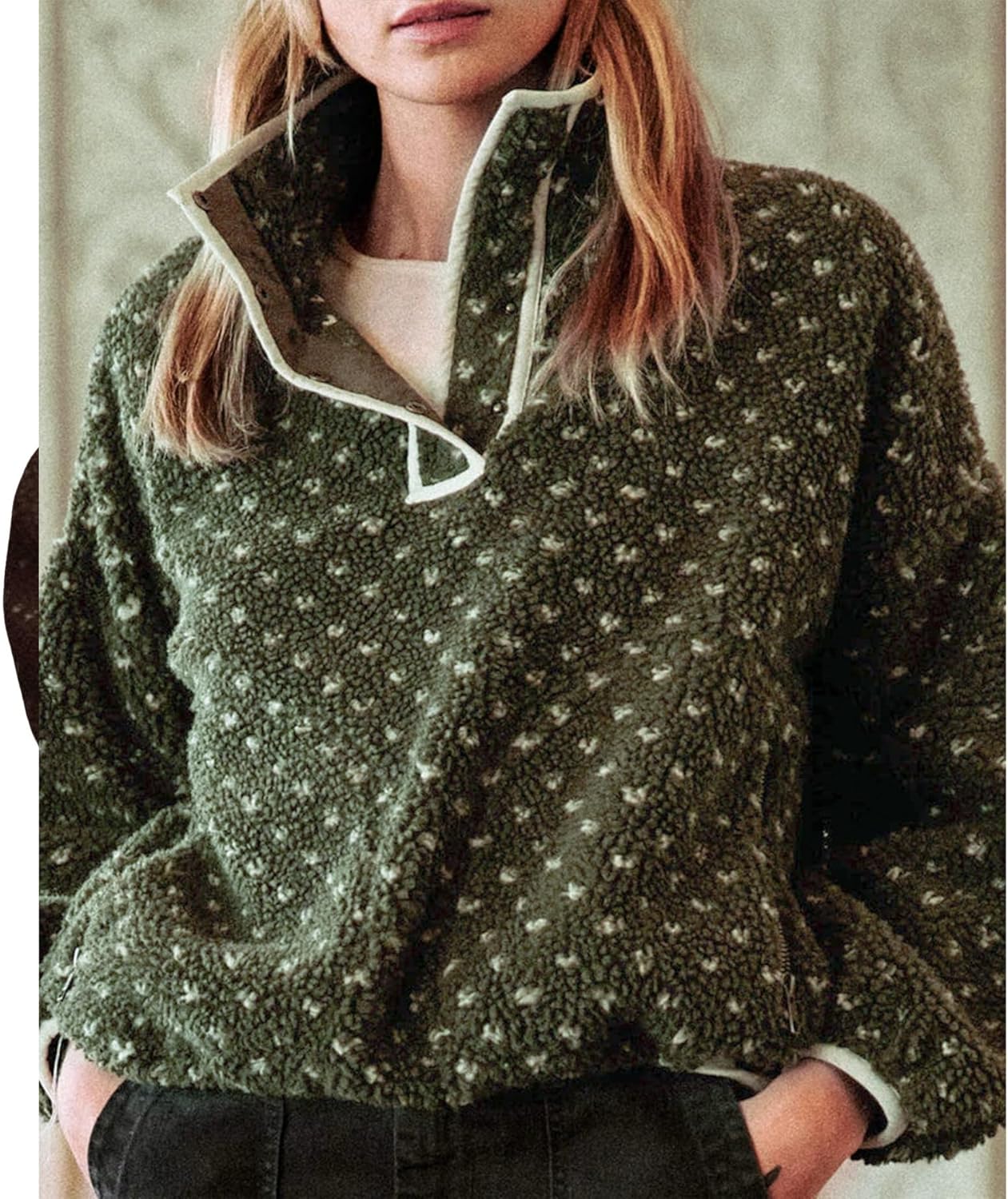 Fuzzy Fleece Jacket Women Long Sleeve Half Button Down Top Casual Sherpa Pullover Sweatshirt Warm Winter Outerwear(Dark-Green,M) - Image 3