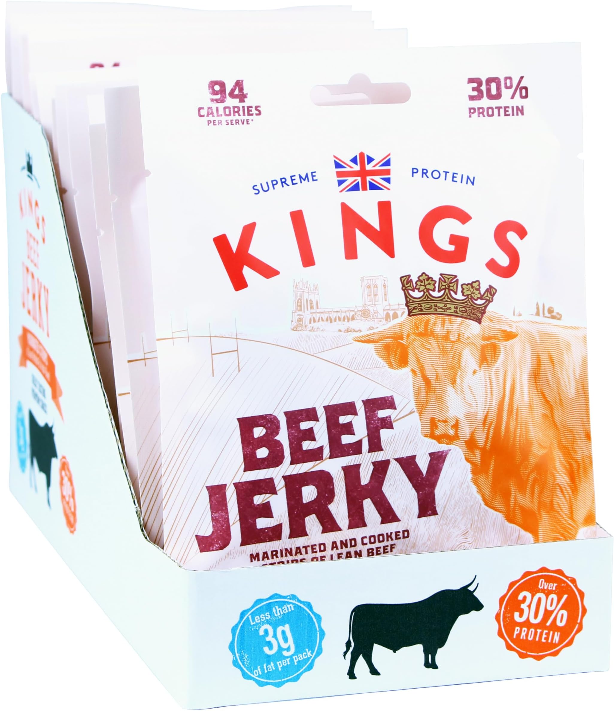Kings - Beef Jerky - BBQ Flavour - High Protein Meat Snack - Box of 16 x 35 g Packs