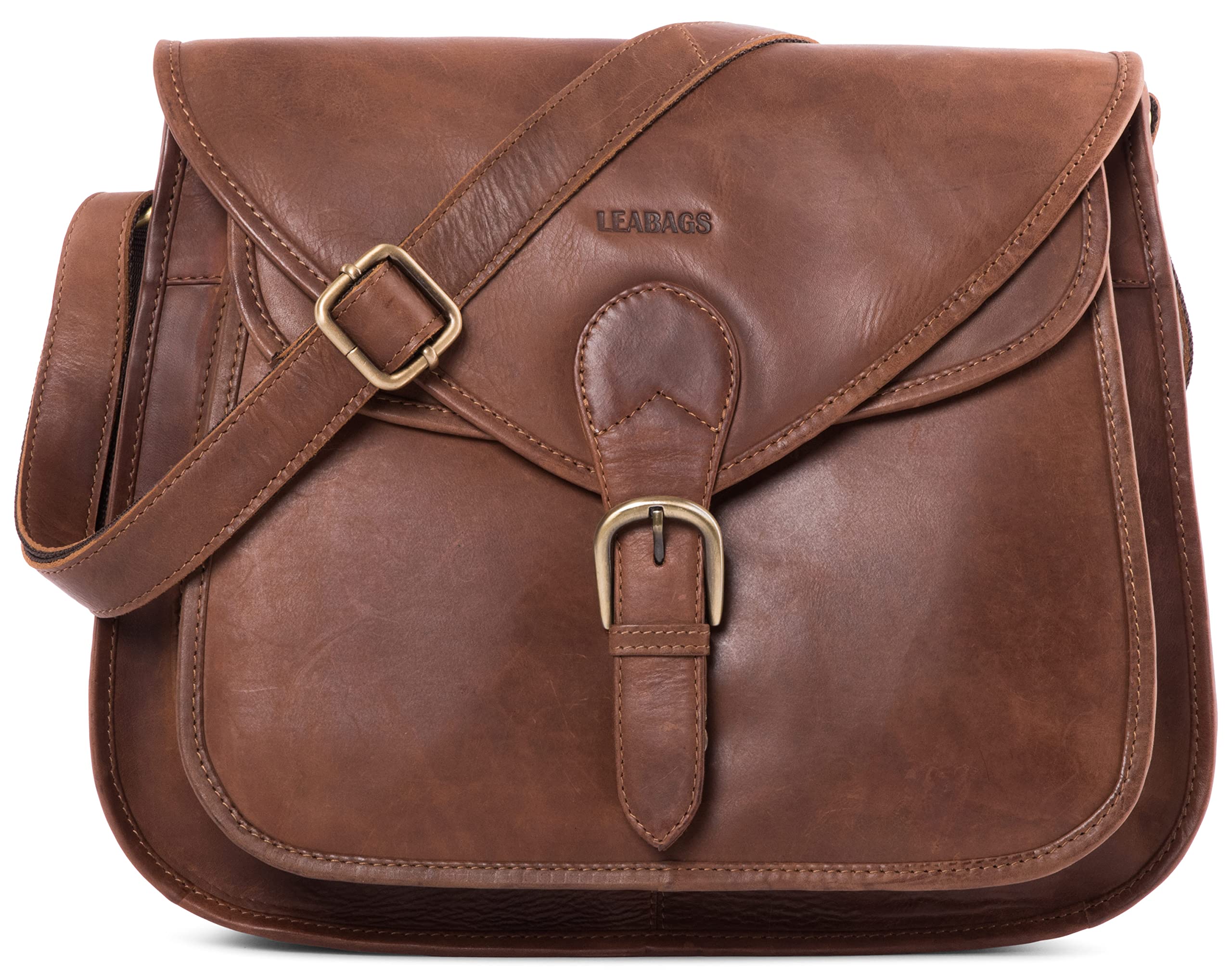 LEABAGS Leder Handtasche Damen I Premium Echtleder Umhängetasche I Damen Schultertasche I Damentasche I Tragetasche für Arbeit Uni Schule Freizeit I Größe L (32 x 31 x 9 cm) I Nature Hellbraun