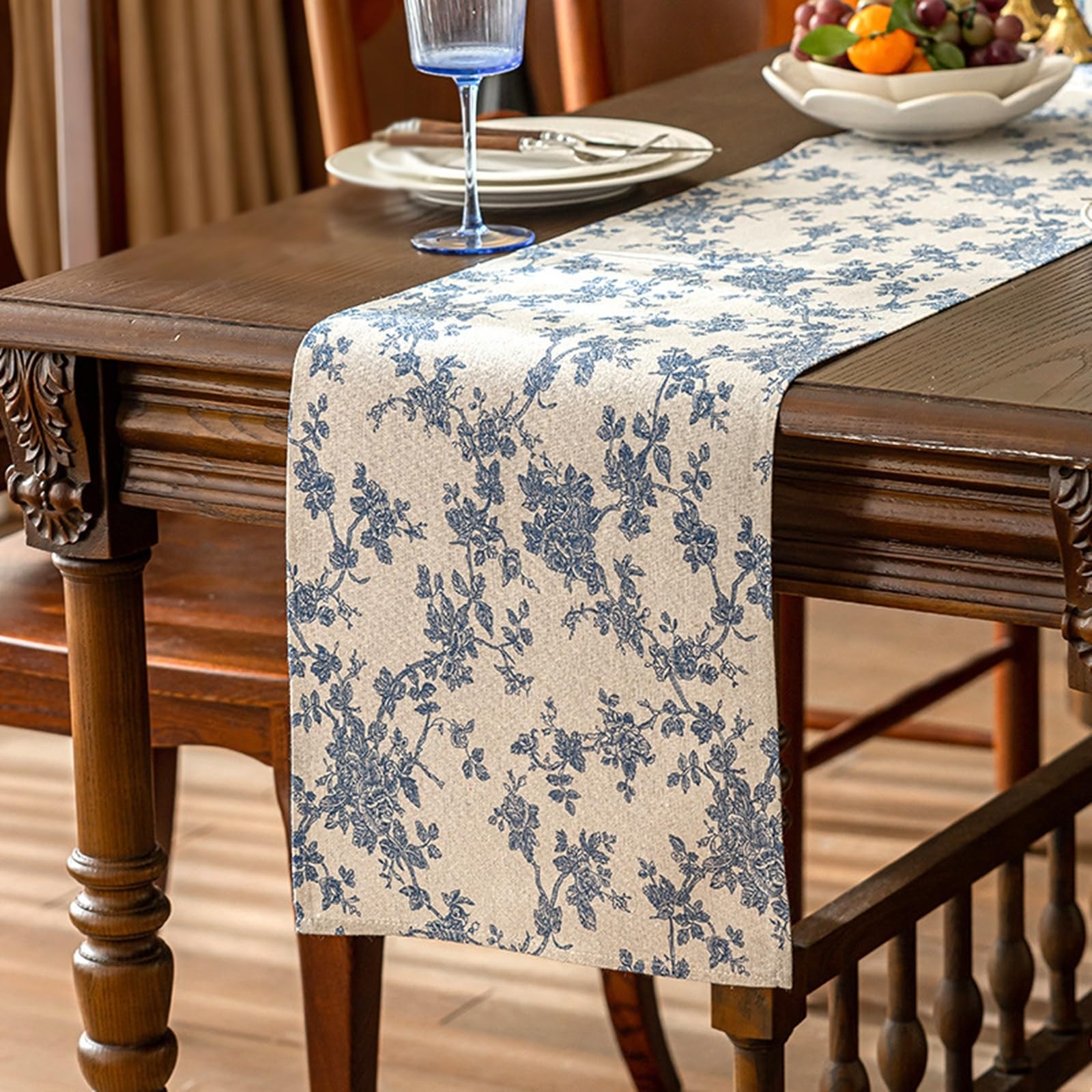 Tischläufer Polyester Landhausstil, Tischläufer Modern 30x300 cm, Leinenoptik mit Blauem Rosenmuster