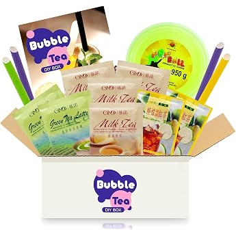 Bubble Tea DIY Set with Lychee Popping Boba - For 4 Drinks - 14-Piece Boba Tea Starter Kit - 3 Types of Tea Milk Tea Green Tea Lemon Iced Tea Fruit Beads Straws with Instructions English language not