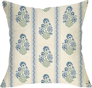 Vintage Blue Floral Decorative Throw Pillow Cover 18 x 18 | Retro Flower Plants Botanical Pastoral Porch Outdoor Home Decor, Spring Summer Farmhouse Sofa Couch Cushion Case