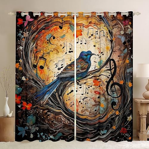 Manfei Cortinas de ventana de pájaros, notas musicales y estampado de flores, cortinas de ventana para niños, niñas, adultos, tratamiento de ventana