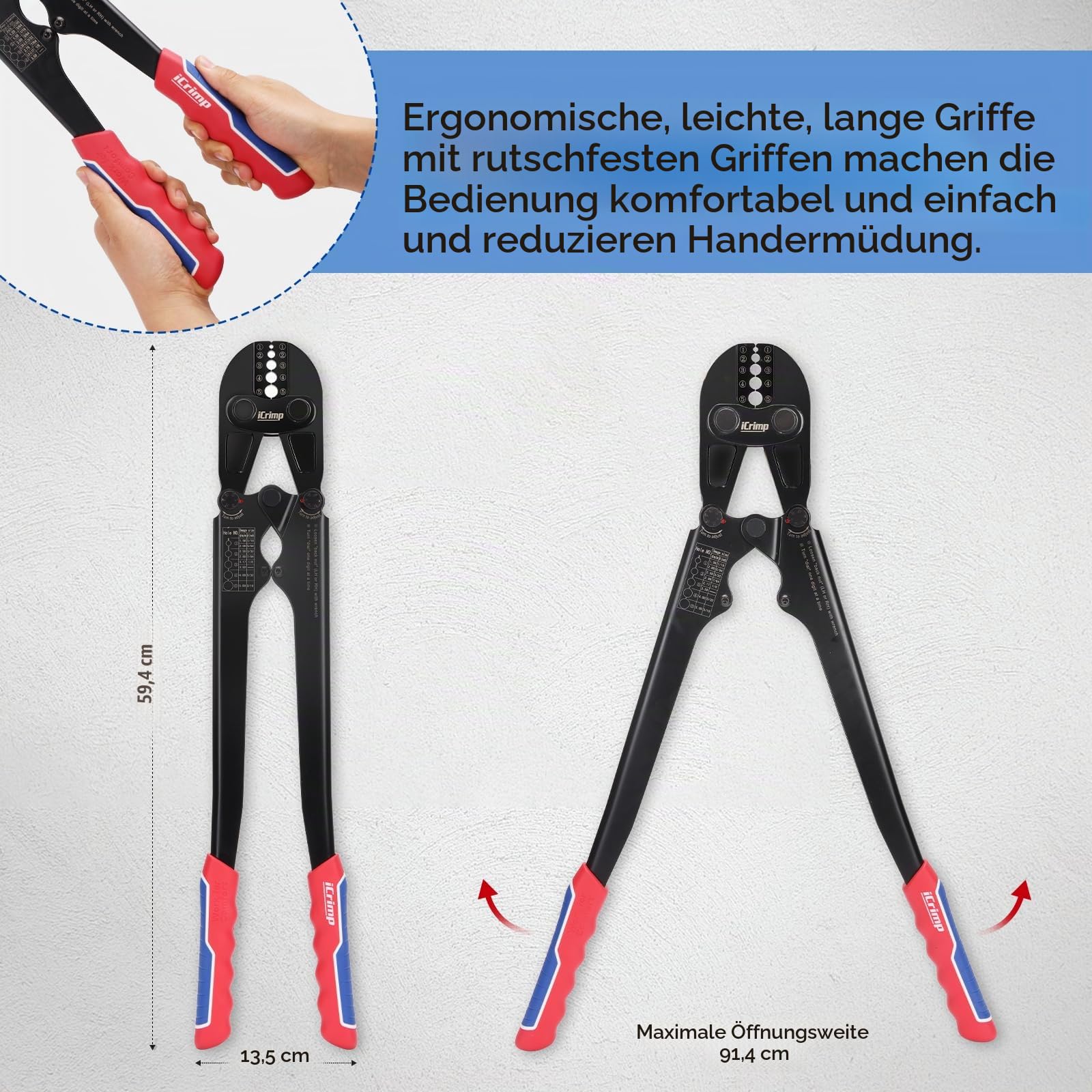 iCrimp Robuste Drahtseil-Crimpzange mit integriertem Kabelschneider, langer Griff, Presspresse für Kupfer- und Aluminiumhülsen, arbeitssparende Crimpzange für 1/16 Zoll - 3/16 Zoll (Ø 1,6 - 4,8 mm