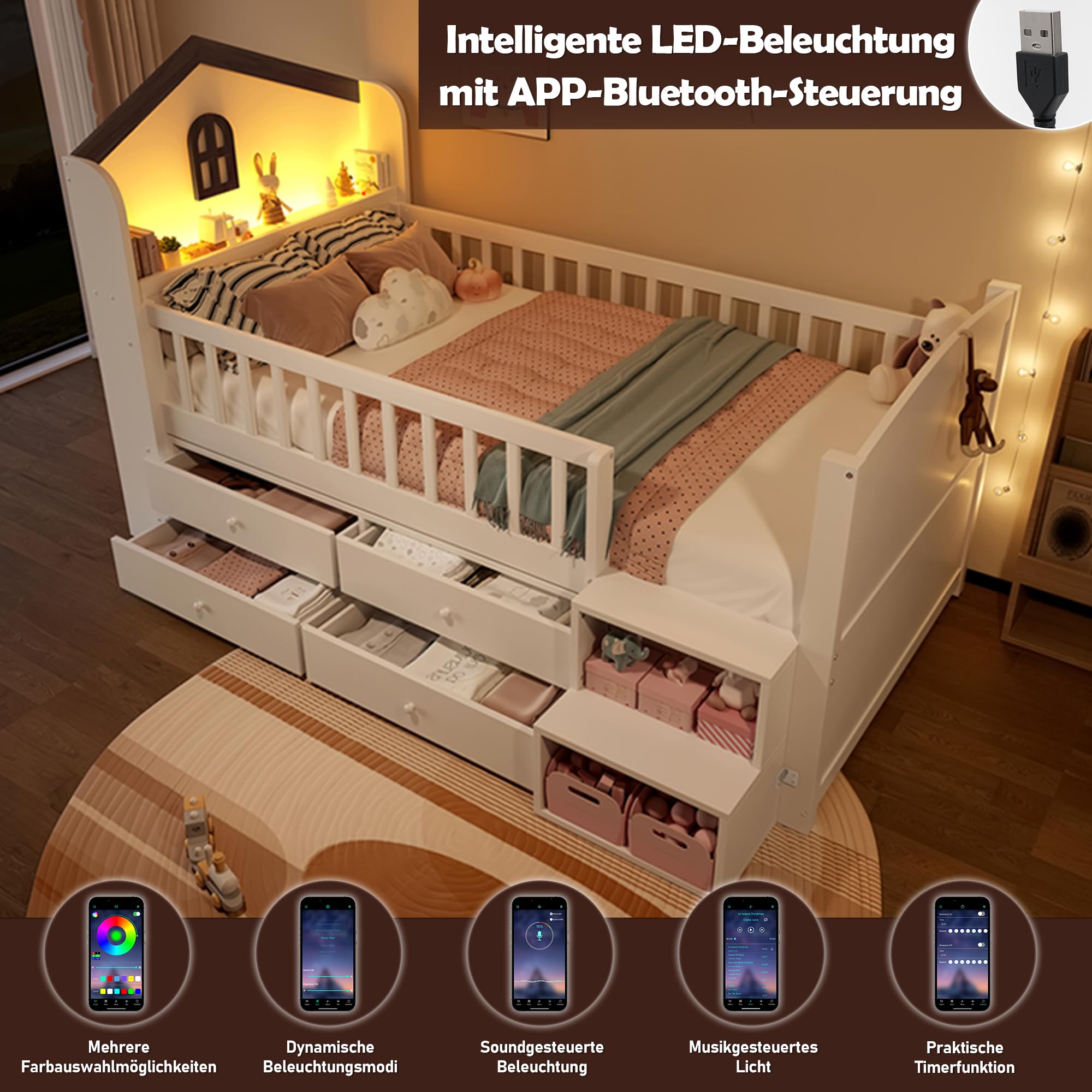 Mrwoo Kinderbett 90x200 cm mit LED-Lichtleiste und 4 Schubladen, Holzbett mit Hausform und Fenster, Stauraumbett mit Treppe Stauraum, Halbhohes Bett, Weiß(Ohne Matratze)