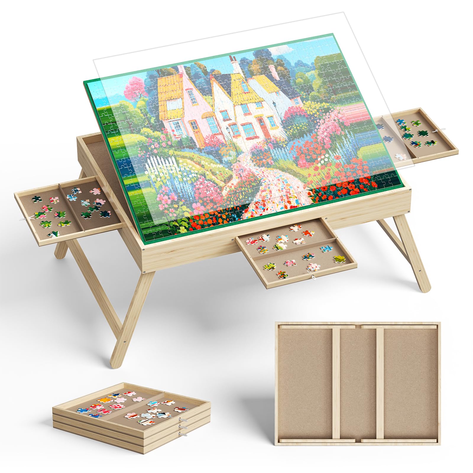 Tilting Foldable Wooden Jigsaw Puzzle Board, 3 Drawers Non-Slip Felt Puzzle Table Gift for Adults,(1500 pieces)
