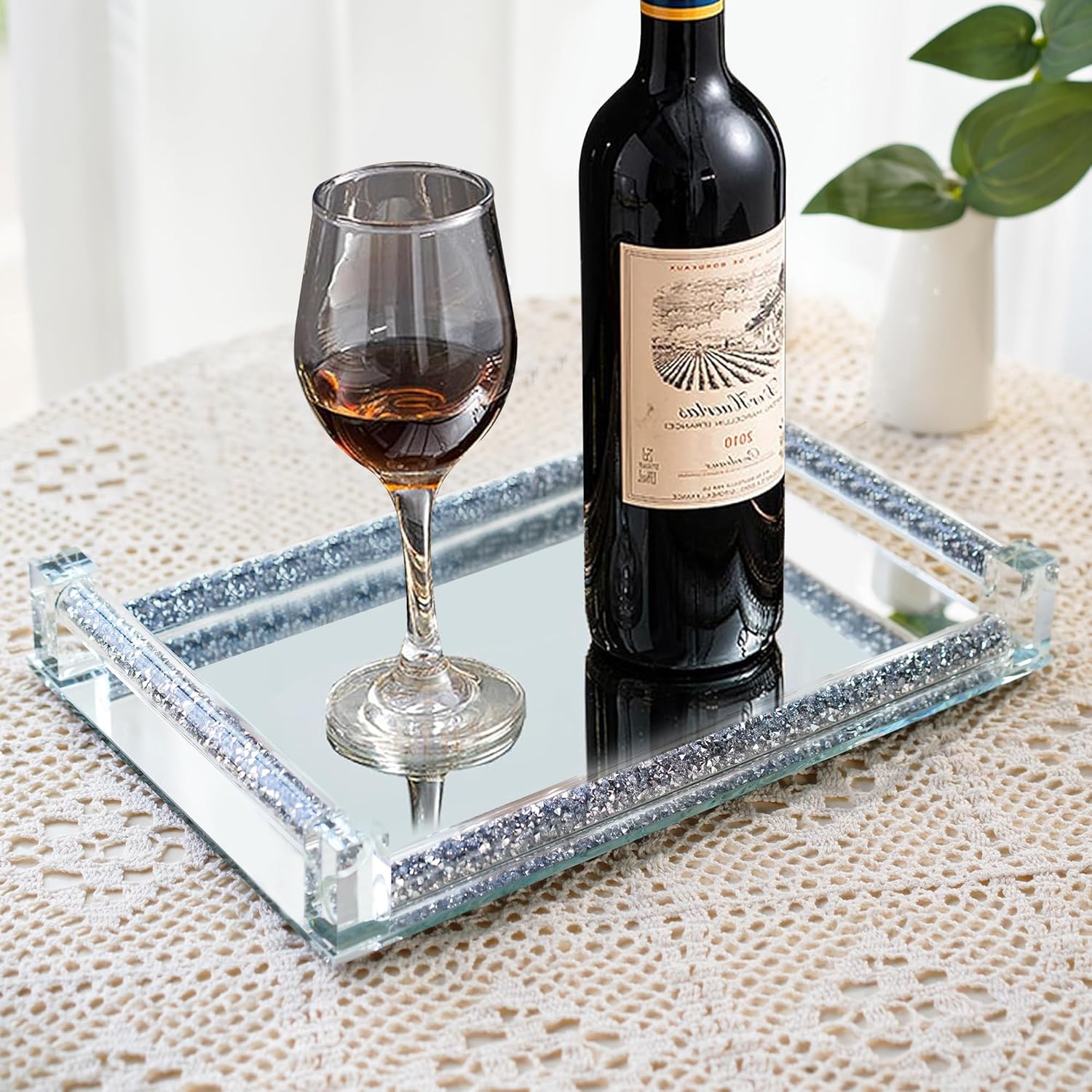 kanpura Mirror Perfume Tray, Crushed Diamond Filled Crystal Glass Vanity Tray, Decorative Bathroom Trays with Handles, Jewelry Trinket Holder for Party, Bathroom, Bedroom for Women - Image 4