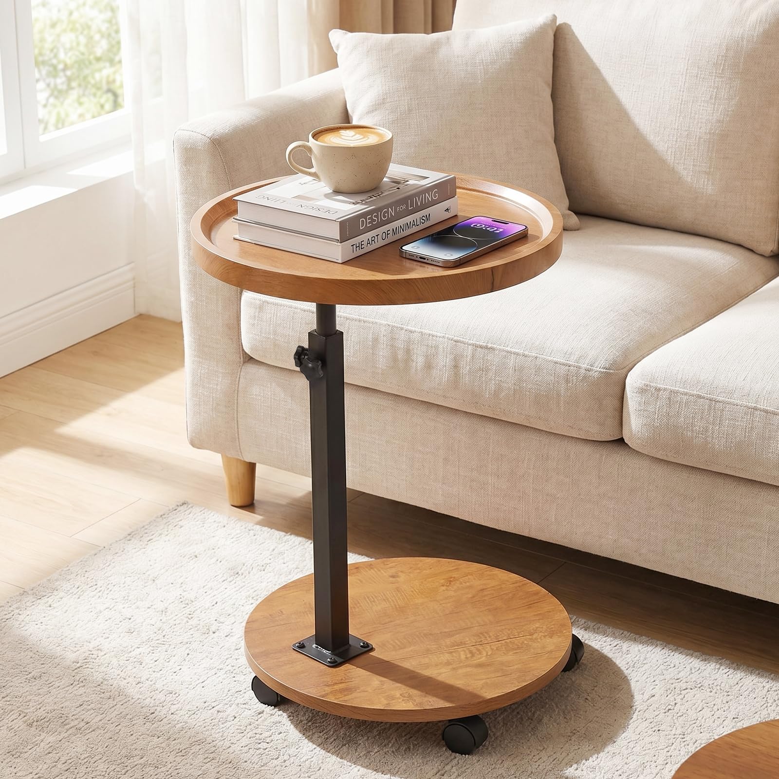 Mesa auxiliar de altura ajustable, mesa auxiliar giratoria de 360° con ruedas para sofá, dormitorio, oficina, sala de estar, mesas de café para espacios pequeños (color madera natural)