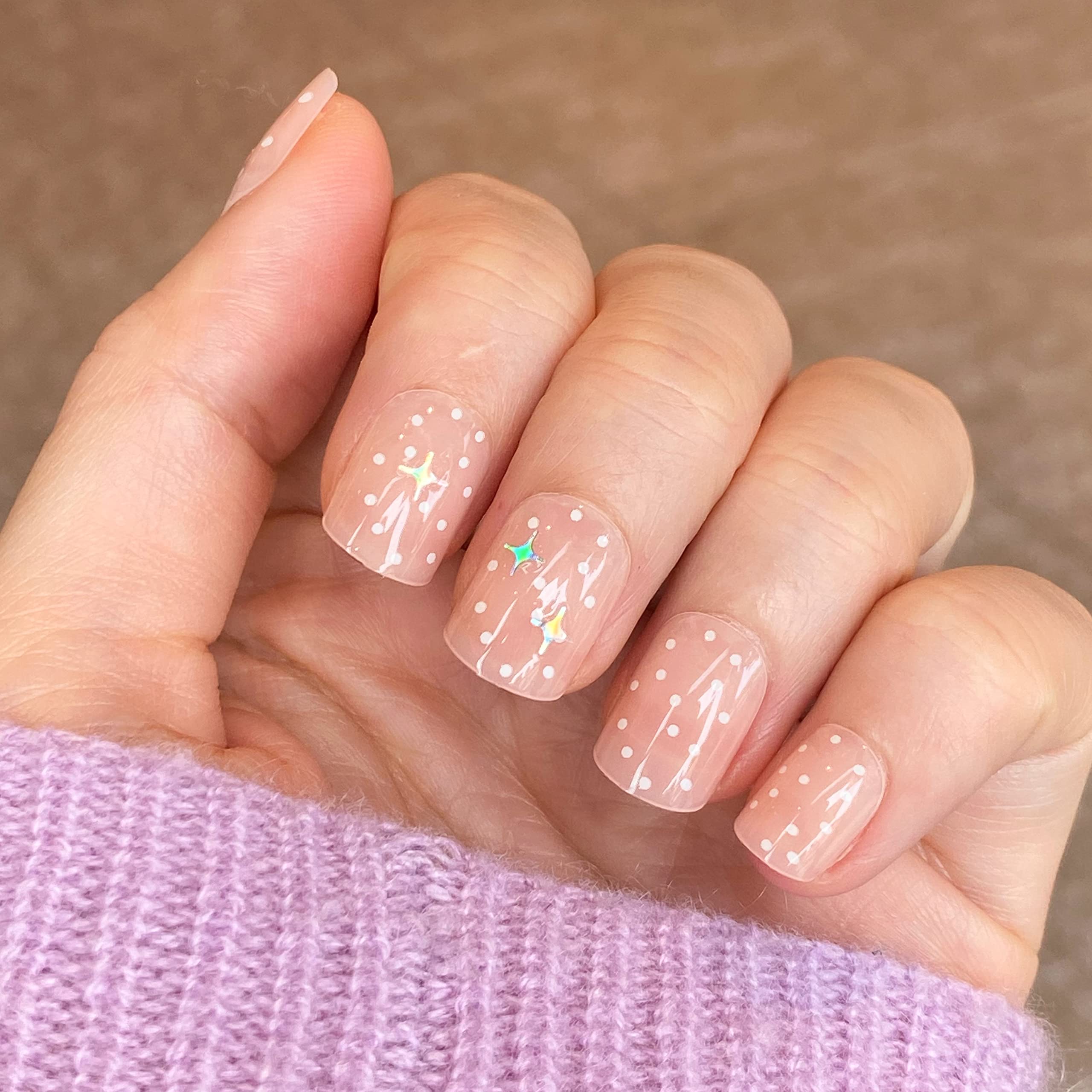 NOVO OVOExtra/Real Short Square Oval Jelly Nude Polka Dots with Star Sticker Thick False Fake Press on Nails GLAMOROUS SKY Glossy Iridescent Stick on Acrylic Kit with Glue Valentine's Day Spring