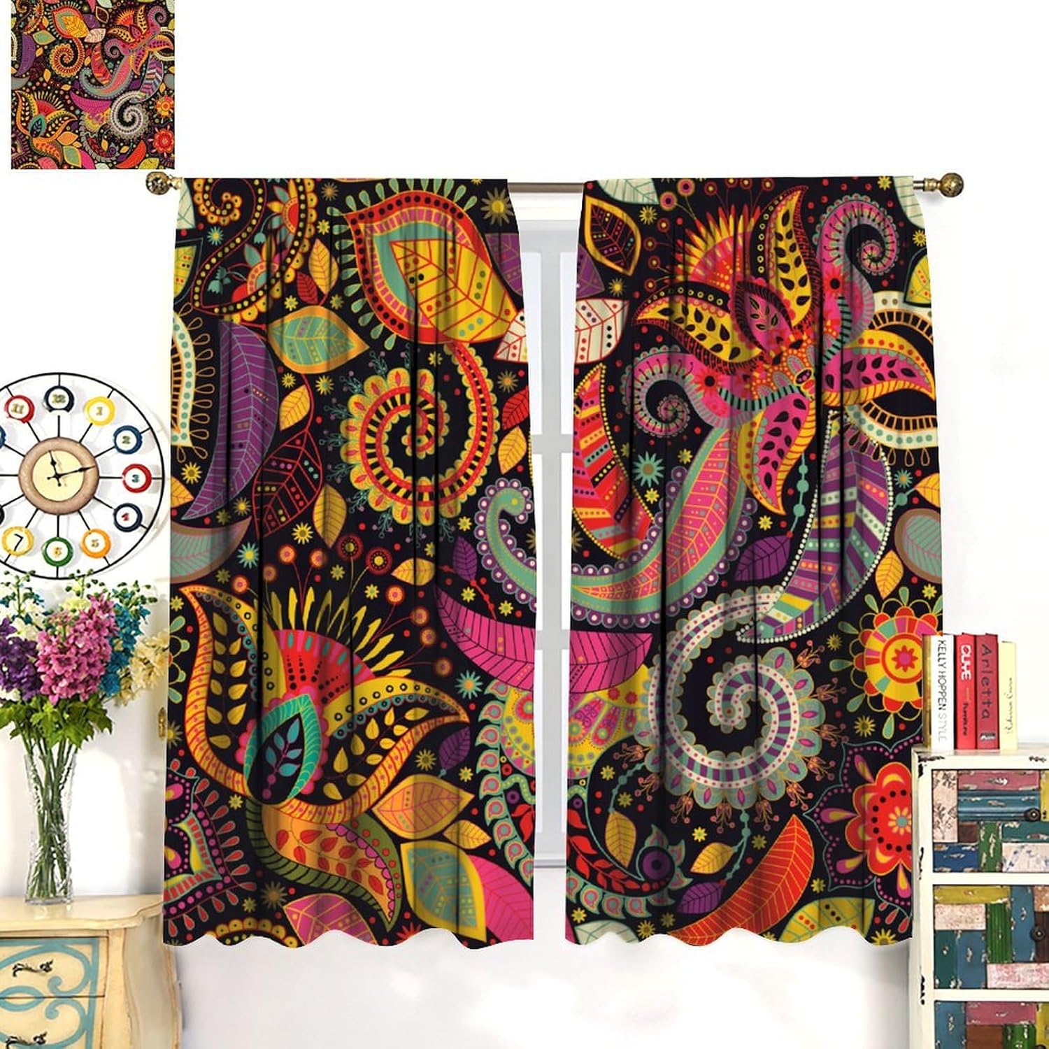 Paisley Blackout Curtains, Indian Mandala Colorful Floral Boho Abstract Flower Window Curtains for Bedroom Living Room Kitchen Home 42" W X 63" L