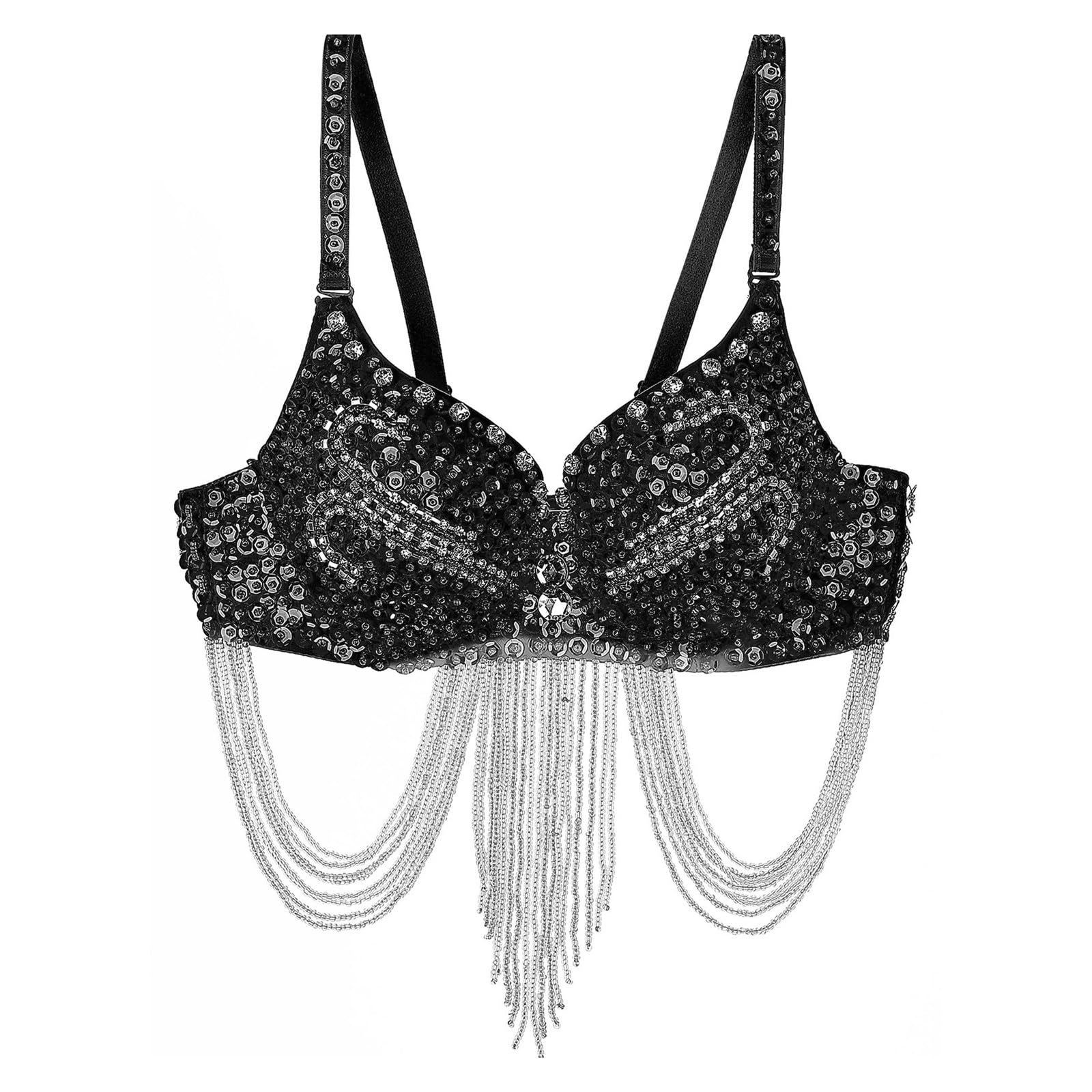 LHSJYG Sequin Bra Womens Belly Dance Costume Shiny Corset Crop Top Fringe Rhinestone Sequin Club Bra Spaghetti Straps Underwire Push Up Bustier(Black)