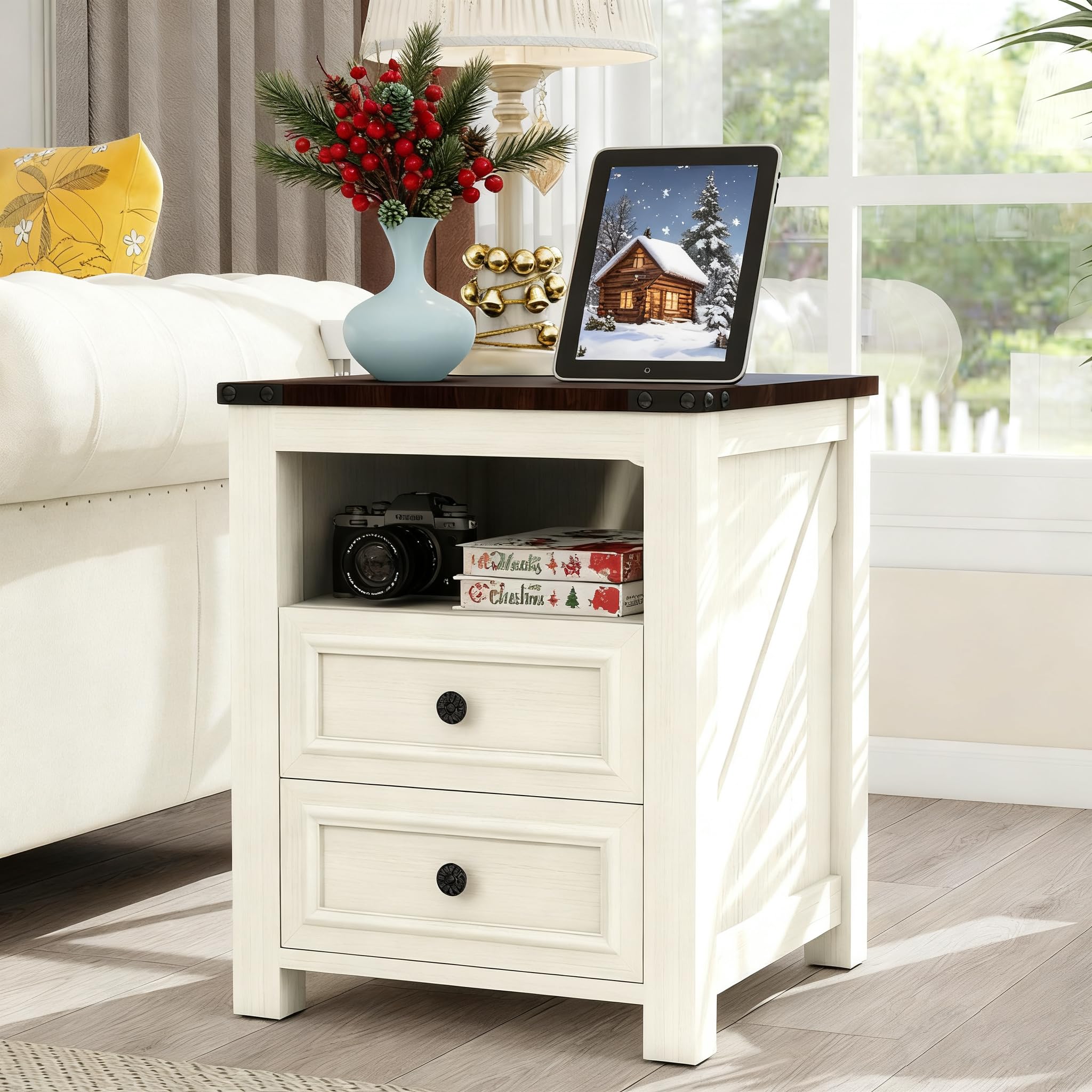 MUUEGM 18" Farmhouse Night Stand with Charging Station Antique White End Table for Living Room with 2 Drawers Bed Side Table Cabinet Wooden Nightstand