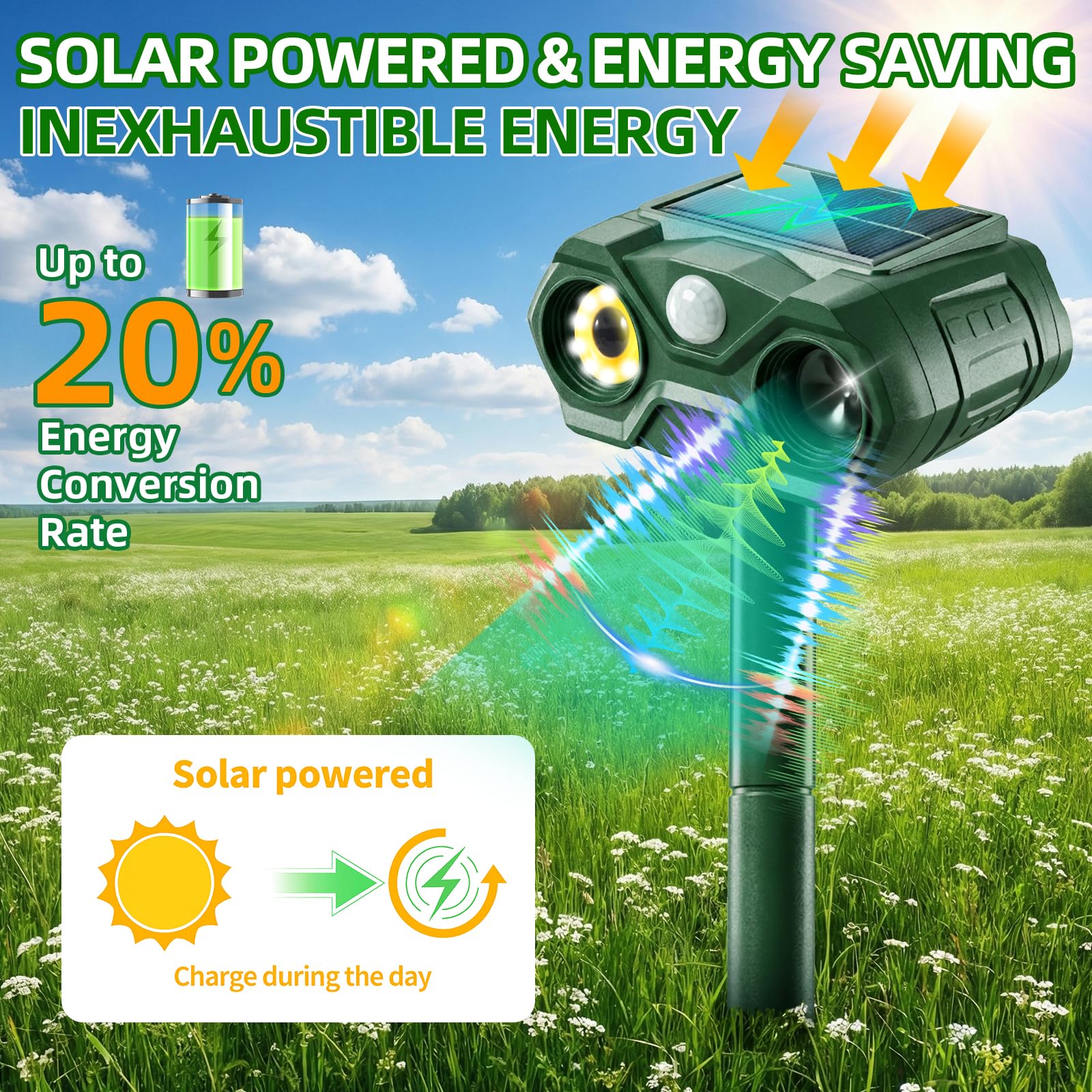 Repellente solare per animali da esterno, 2 pezzi, ricaricabile tramite USB, repellente per gatti, scoiattolo, coniglio, volpe, frequenza regolabile, dispositivi repellenti per cervi con rilevamento