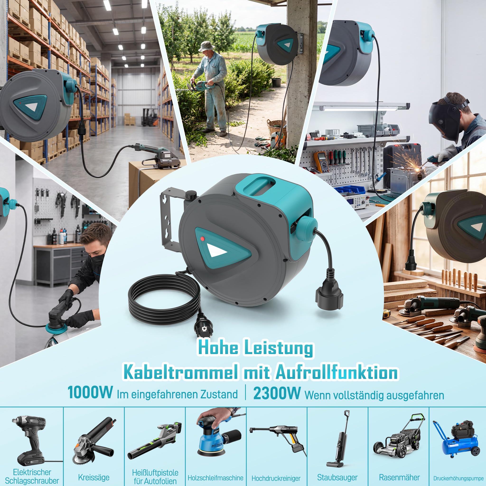 LARS360 Enrollador automático de cables de 20 m con cable, soporte de pared giratorio de 180°, duradero