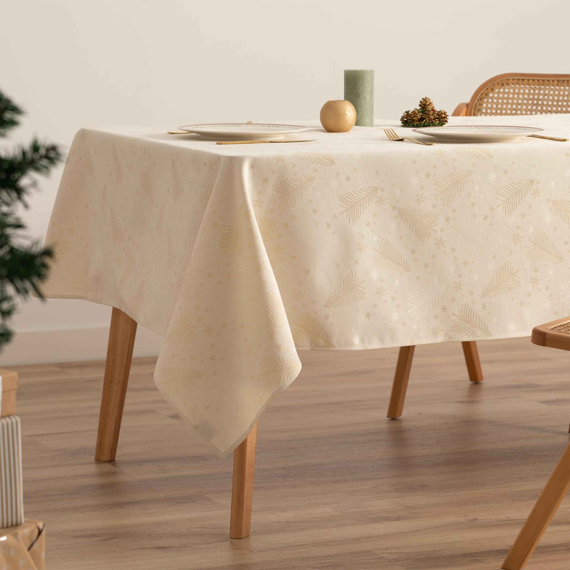 Gamusi Ecru Tablecloth Christmas Jacquard Gold Thread Dining Table Rectangular Christmas Table Decorations 140 X 300 Cm