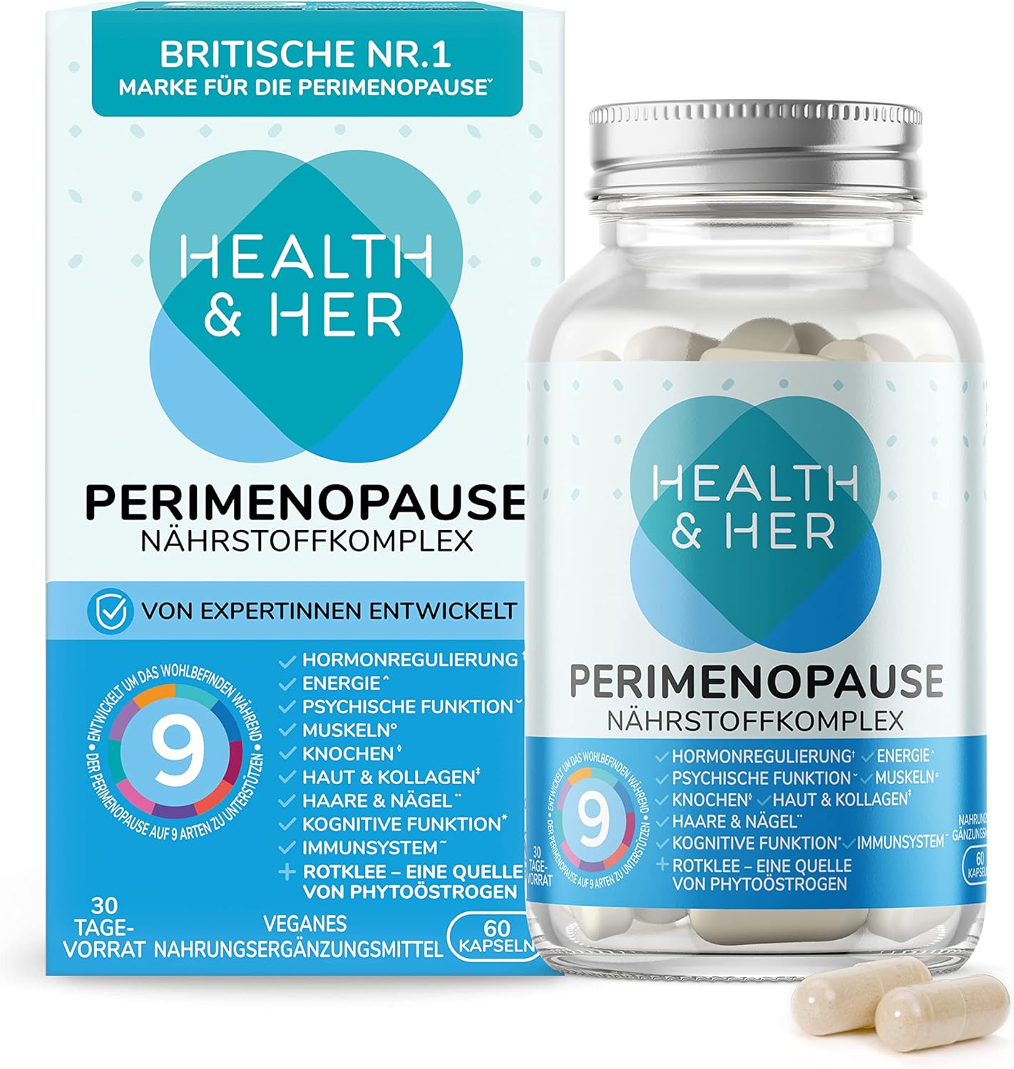 Health & Her Perimenopause mit 800mg Rotklee, 50mg Yamswurzel, Eisen