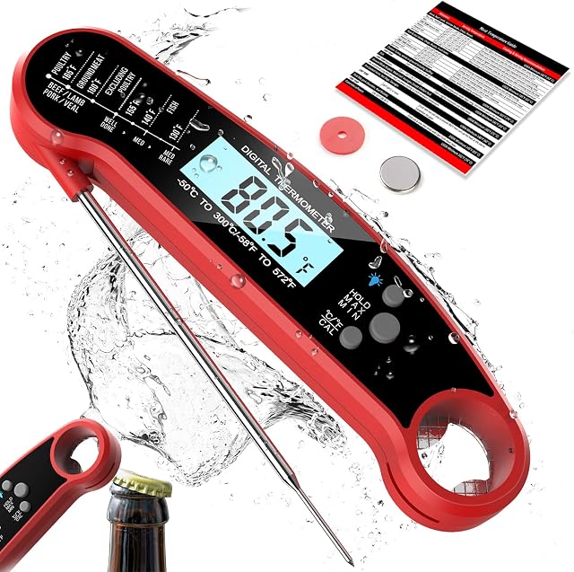 Meat Thermometer with Probe - Instant Read Waterproof Kitchen Digital Food Thermometer for Cooking, Baking, Liquids, Candy, Grilling BBQ & Air Fryer-Red