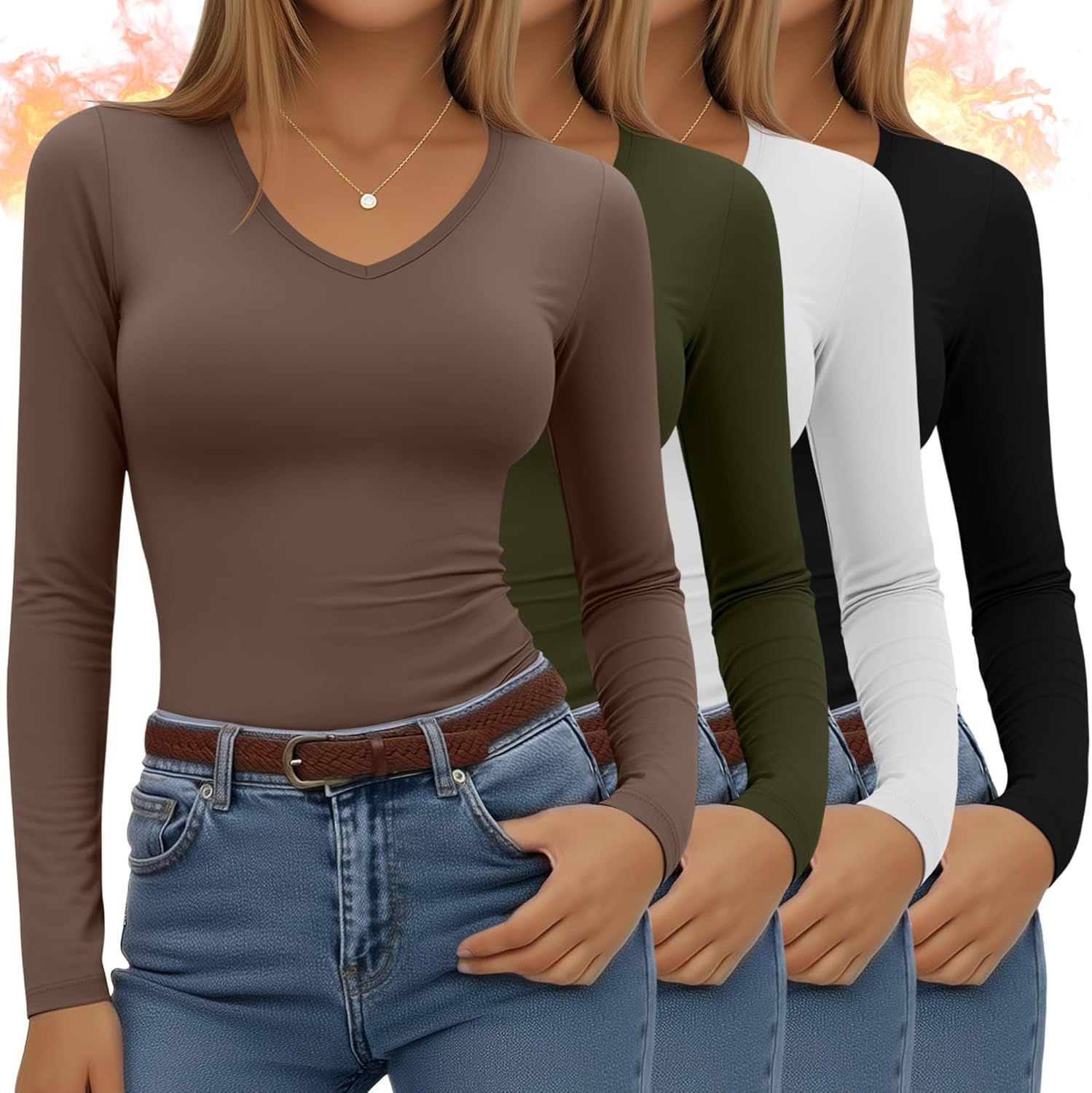 Velvelhall 4 Pack Women's Long Sleeve Thermal Shirts Fleece Lined V Neck Slim Fit Underwear Base Layer Basic Winter Warm Tops