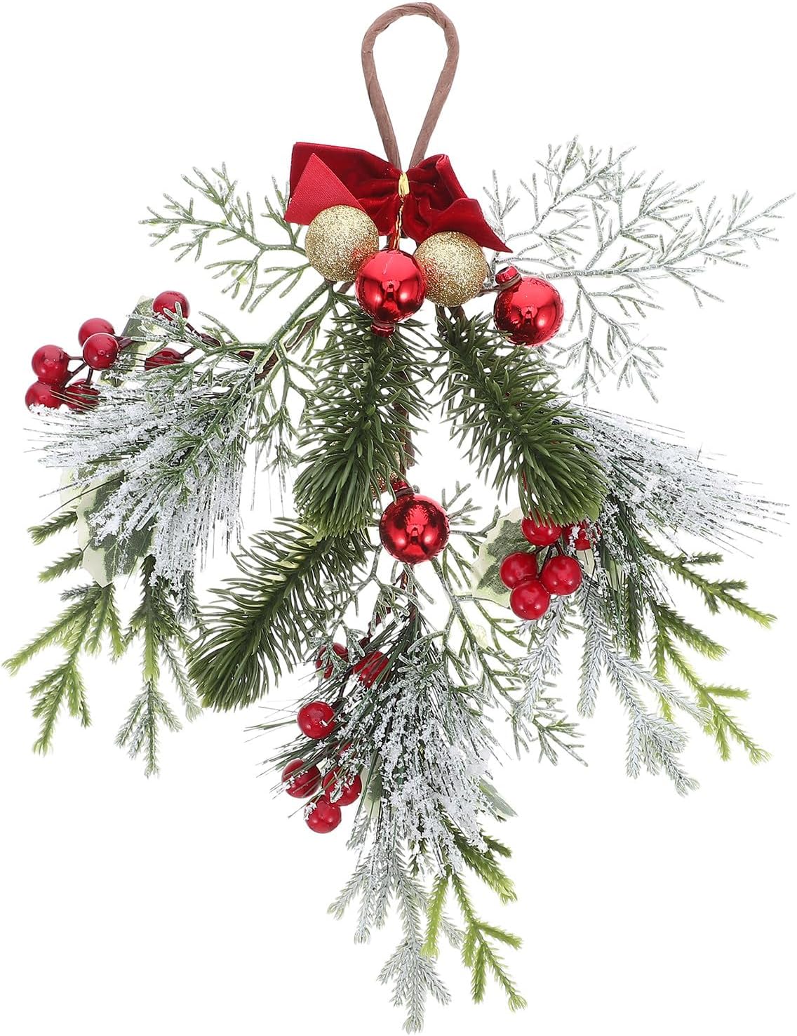 Ciieeo Christmas Teardrop Swag with Gold Balls and Red Berries Bowknot Artificial Door Swags Wreath Decoration for Winter Wedding Festive Holiday Decor