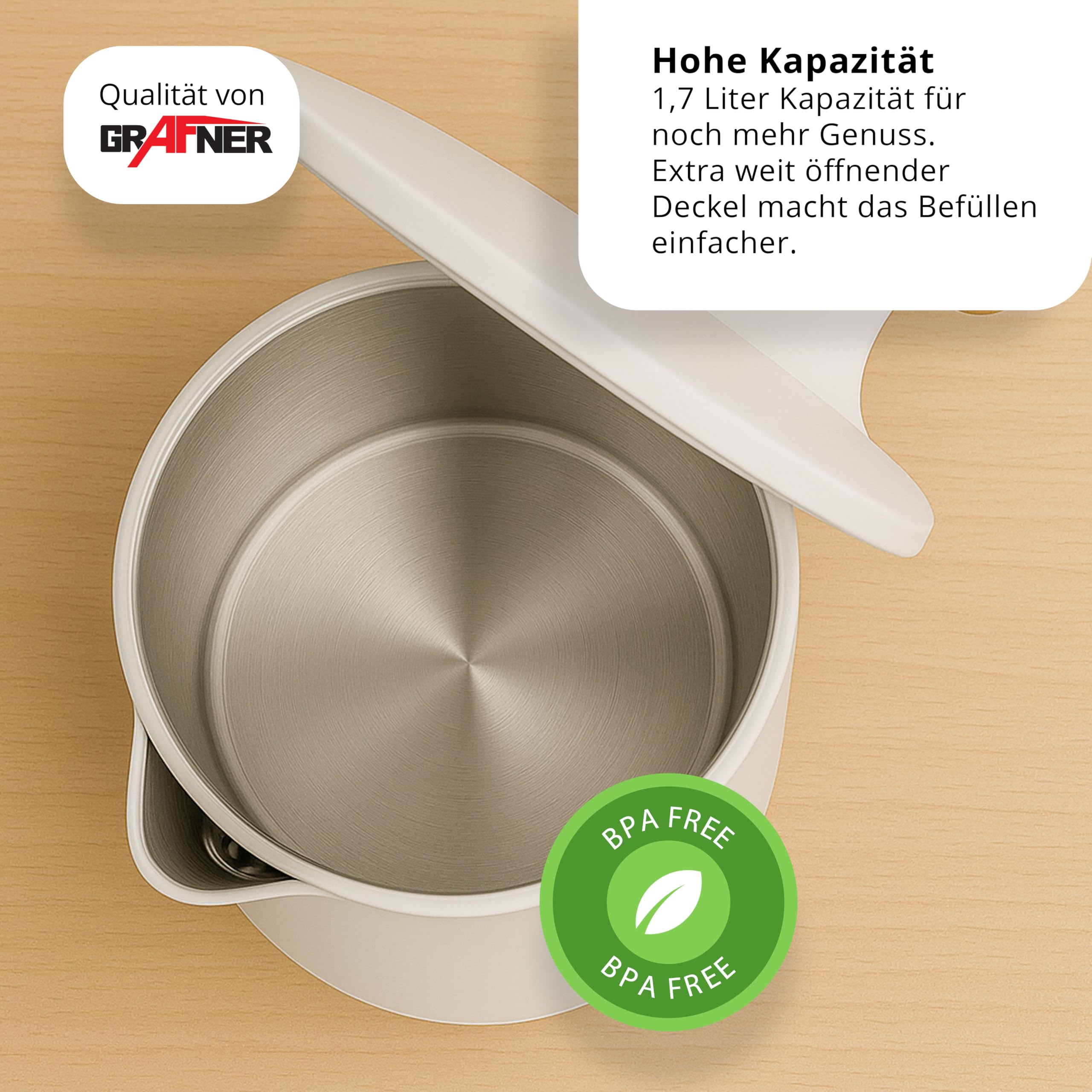 Grafner Hervidor de agua de acero inoxidable con ajuste de temperatura, 40 °C a 100 °C, pantalla grande, función de mantenimiento del calor y función de memoria, 4 programas, doble pared, 1,7 litros