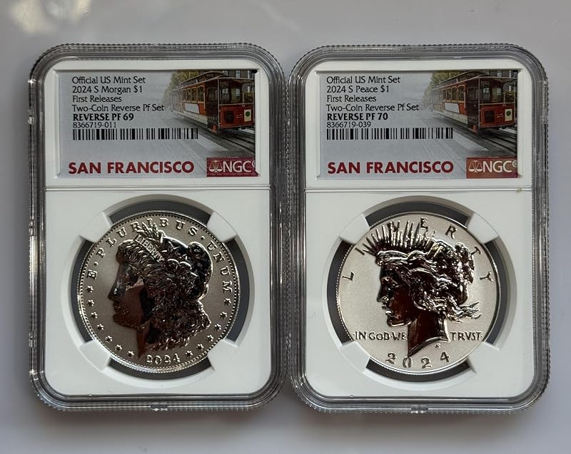 2024-S Morgan and Peace Silver Dollar NGC PF-70 First Releases, Reverse Proof, 2 Coin Set, San Francisco Peace Dollar es 70 y el Morgan es un 69