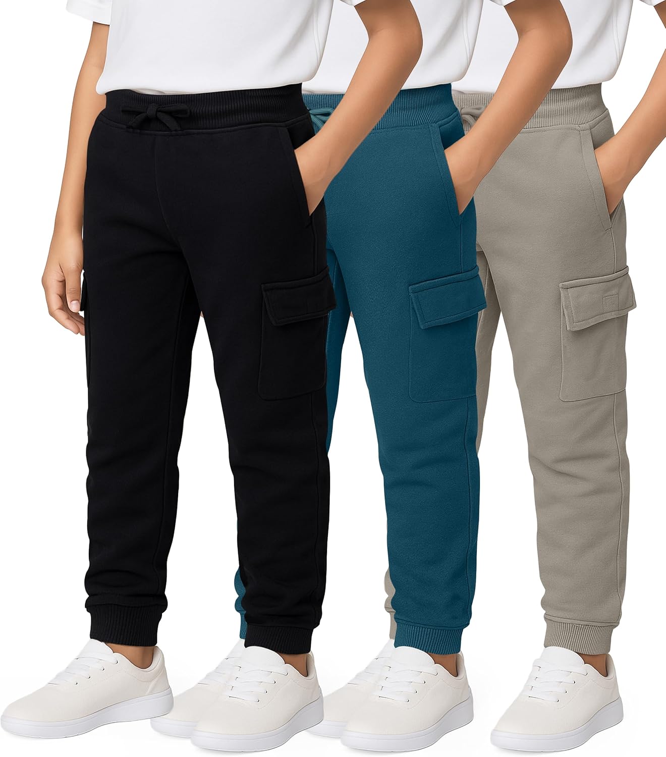 Real Essentials 3 Pack: Boys' Cotton Fleece Cargo Joggers Athletic Sweatpants - Kids Casual Sports Pants Pockets (Ages 6-16)